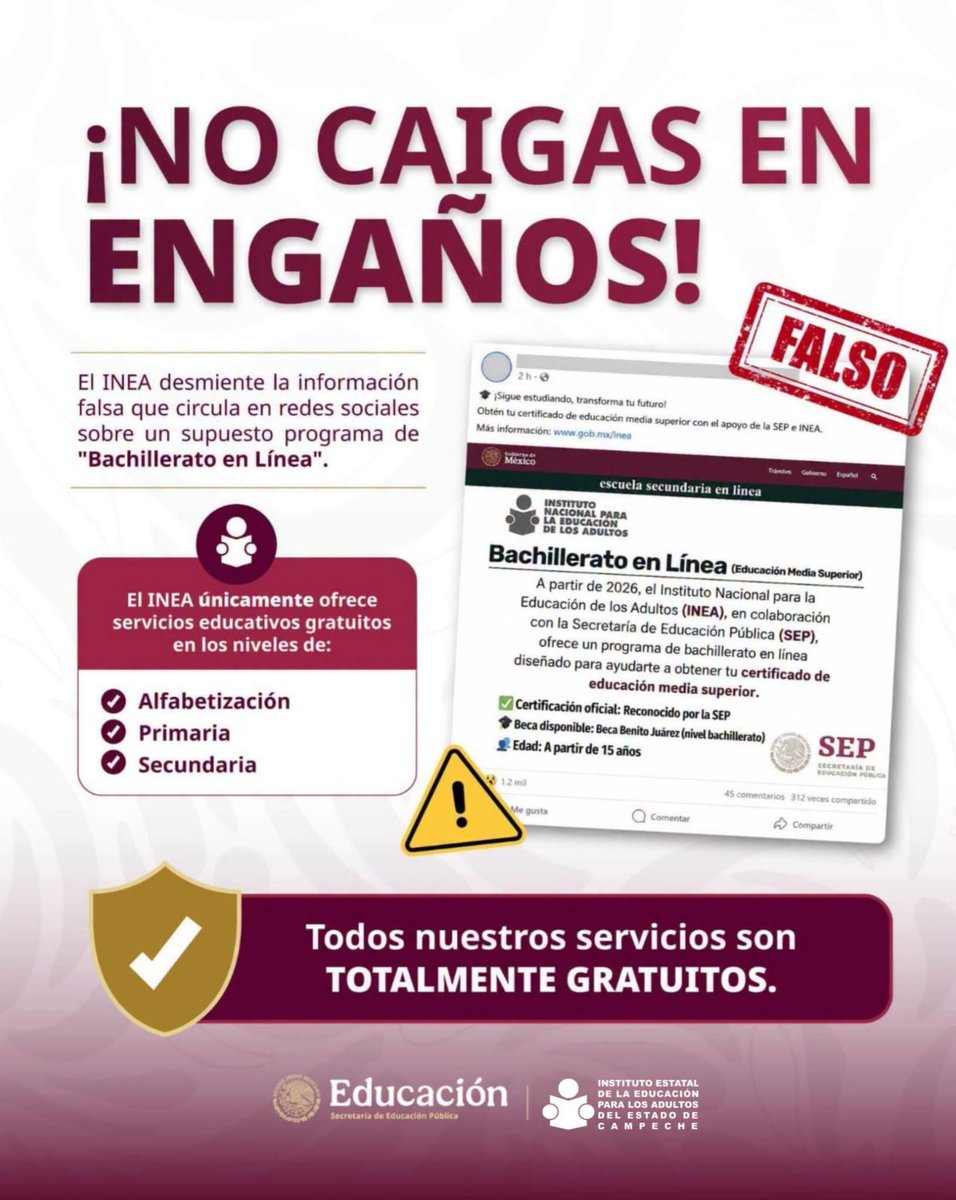 IngJSanmiguel's tweet photo. ⚠ ¡No caigas en #Fraudes!
✅ Recuerda:
📚 El @IEEA_CAMPECHE únicamente ofrece servicios educativos #GRATUITOS de #Alfabetización, #Primaria y #Secundaria.
❌ No ofrecemos #Bachillerato.
Para mayor información comunícate al 9811752126
@LaydaSansores
#ElGobiernoDeTodosTransforma https://t.co/kPIK6bNNwv
