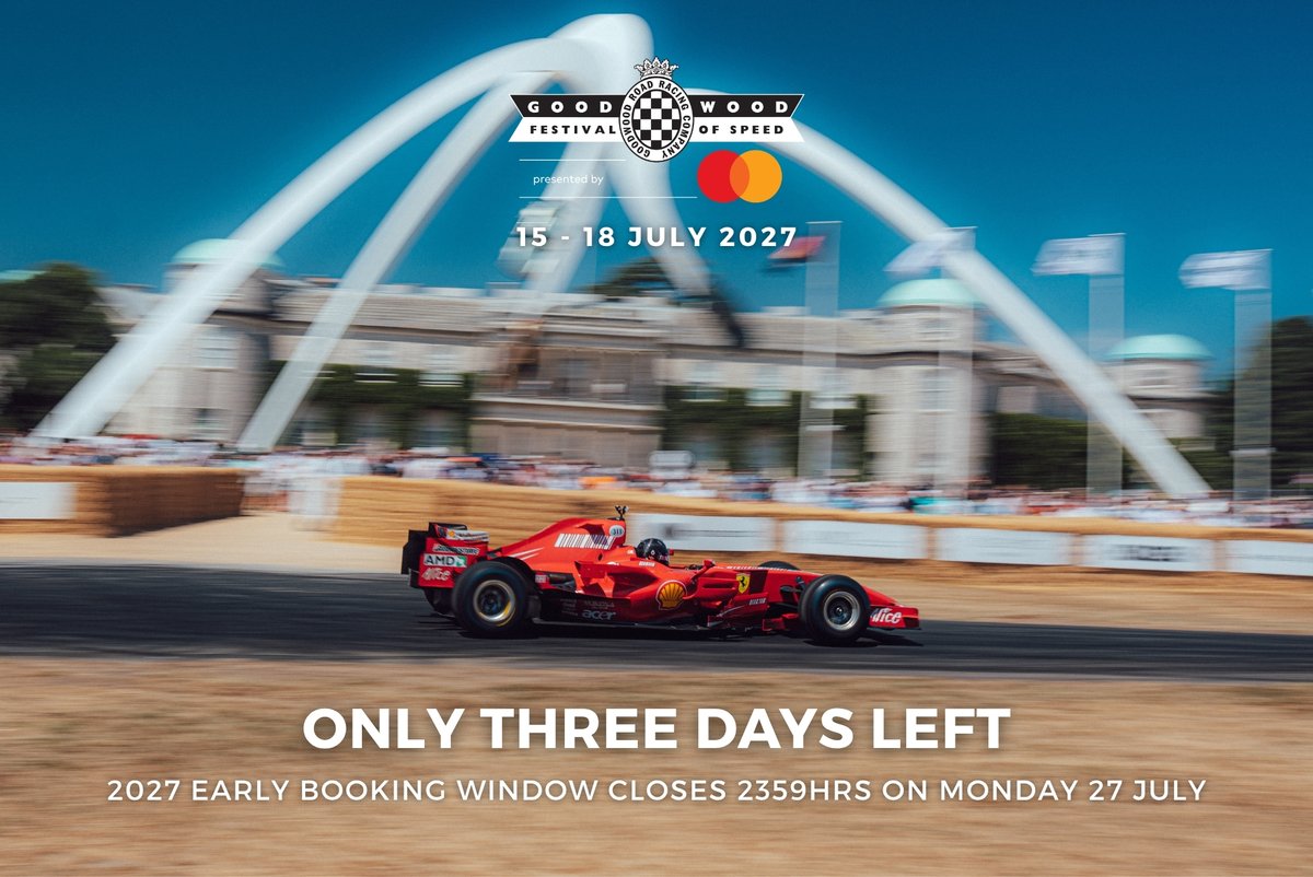 fosgoodwood's tweet photo. Only 3 days left!
Tickets to next year's Festival of Speed presented by Mastercard are available at the lowest price for those who are part of the Goodwood Road Racing Club and 2026 attendees. Be quick, the early booking window closes at 2359hrs on Monday 27 July - https://t.co/HVCBAWQPYU
Not part of The Club yet? Join today to access tickets, plus enjoy an extra 10% saving on up to two admission and grandstand passes. #FOS