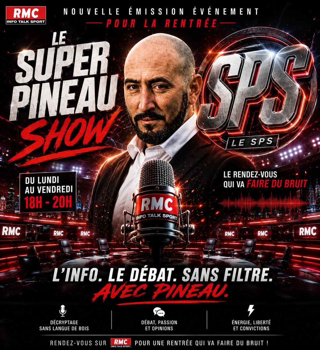 Plouy17's tweet photo. 🚨 La rentrée s'annonce explosive sur RMC.
🎙️ Le Super Pineau Show (SPS) débarque pour bousculer les codes.
🔥 Décryptage, débats, passion, opinions sans filtre.
📅 Du lundi au vendredi
🕕 18h-20h
Le rendez-vous qui va faire du bruit. 💥
#SPS #RMClive #Radio #Débat #Rentrée https://t.co/bk2borkpmd