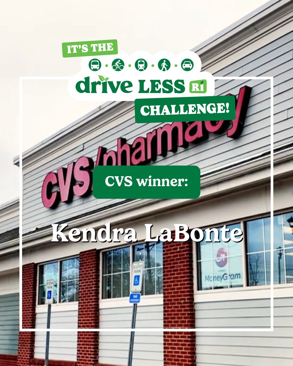 DriveLessRI's tweet photo. 🎉 Congrats to our $50 CVS Gift Card winner, Kendra LaBonte!

Last week, Kendra logged 4 transit trips + 4 walking trips and reduced 94 lbs. of CO₂! 🌎👏

🦞 Next up: a $50 Blount Clam Shack gift card! Log your trips with #DriveLessRI to enter! https://t.co/l2IN3xS3nO