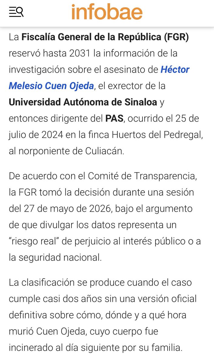Vicente_Galvez's tweet photo. Ocultan hasta 2031 la investigación del asesinato (y posterior montaje) de Héctor Melesio Cuén, rival político de Rocha Moya.

Esto sólo sucede porque quieren proteger a alguien o porque quedaría de manifiesto su supina ineptitud. Como con el piloto que se llevó al Mayo… 👇 https://t.co/ZbNFLptl1v