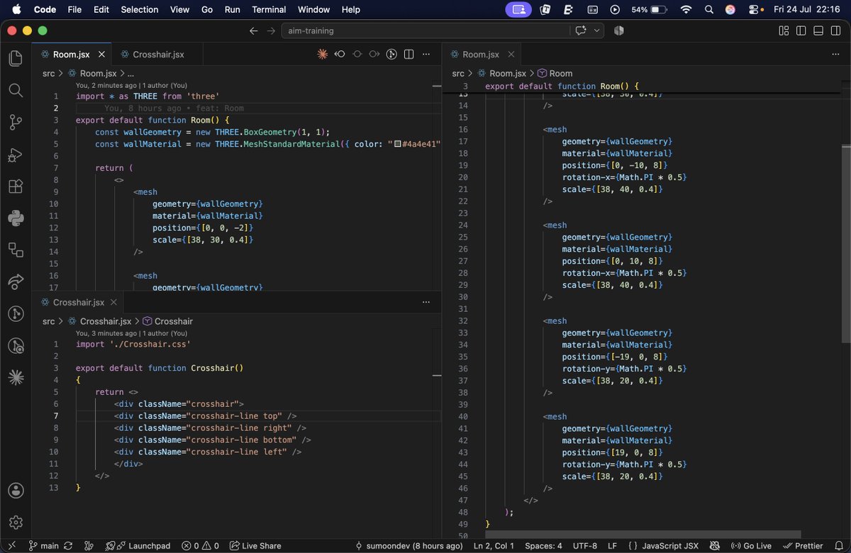 SumoonDev's tweet photo. #LSPPDay54
Today, I
- started working on a new project, Aim-Training in R3F
- created a hollow cuboid room as environment, test cube, crosshair, etc.
Repo: https://t.co/SMVlQTIK42
@lftechnology
#60DaysOfLearning2026 #LearningWithLeapfrog
#reactthreefiber #react #threejs #gamedev https://t.co/AAcJ5UsAF0
