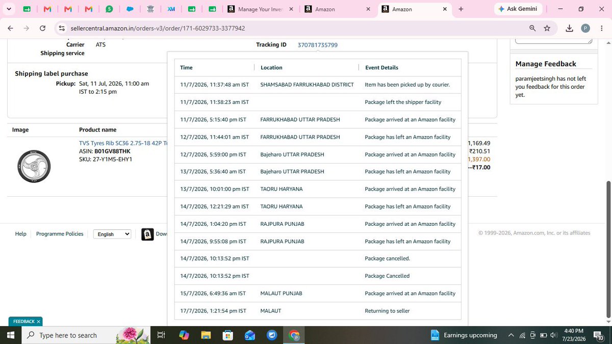 Harsh_kumar_3's tweet photo. Amazon, this is unacceptable.

The order was never delivered to the customer. It was cancelled in transit and returned to me.

Instead of my brand-new TVS Eurogrip tyre, I received an old, used tyre.

@AmazonIndia @AmazonHelp #AmazonSeller #SellerSupport https://t.co/n0ZTnLiGsG