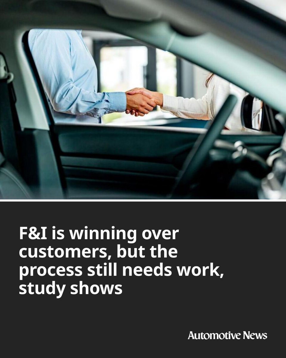 Automotive_News's tweet photo. Dealership finance offices are earning high marks from buyers, but CDK Global’s latest F&I study suggests the job isn’t finished.
#financeandinsurance #automotive #autoindustry #autoretail https://t.co/4sX07ZWqZ6