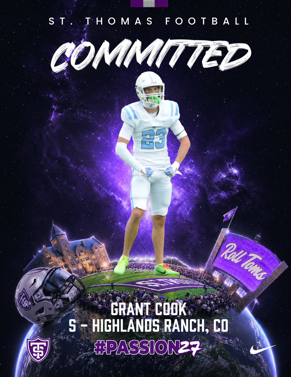 Grant1Cook's tweet photo. I’m super excited to announce my commitment to play Division 1 football at the University of St. Thomas!

Thank you to my parents, high school coaches, and the entire UST coaching staff for the opportunity!

Roll Tommies 💜
#passion27 #rolltoms https://t.co/meANWsnvuK