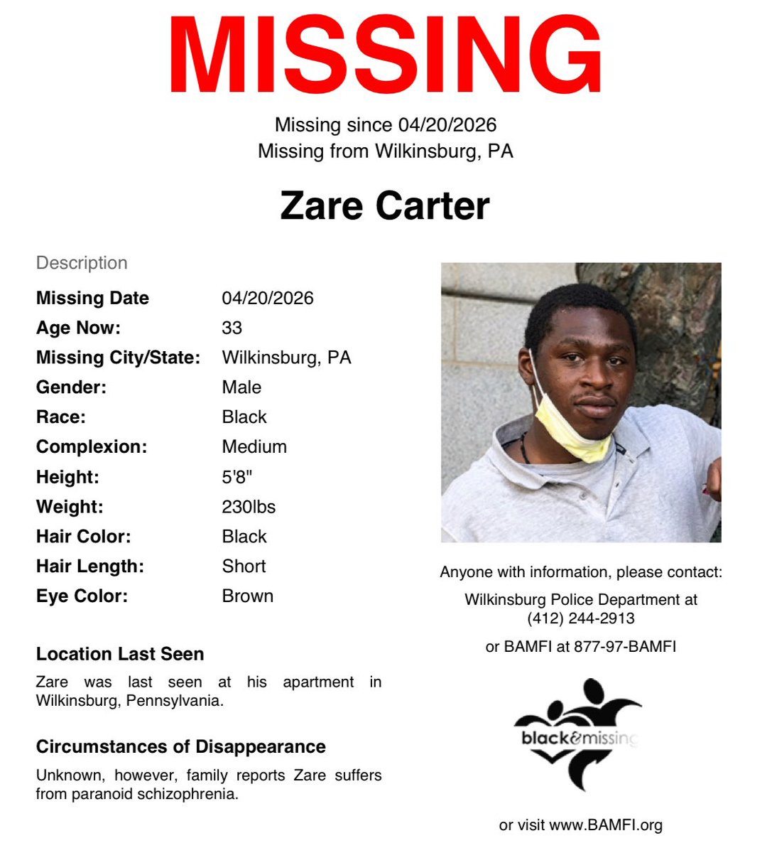 BAM_FI's tweet photo. #FindingFriday: #Wilkinsburg, #PA: 33y/o Zare was last seen at his apartment on April 20. Family reports he suffers from paranoid schizophrenia.

Please SHARE to #HelpUsFindZareCarter #ZareCarter #HelpUsFindUs https://t.co/gRdy4bgRk0