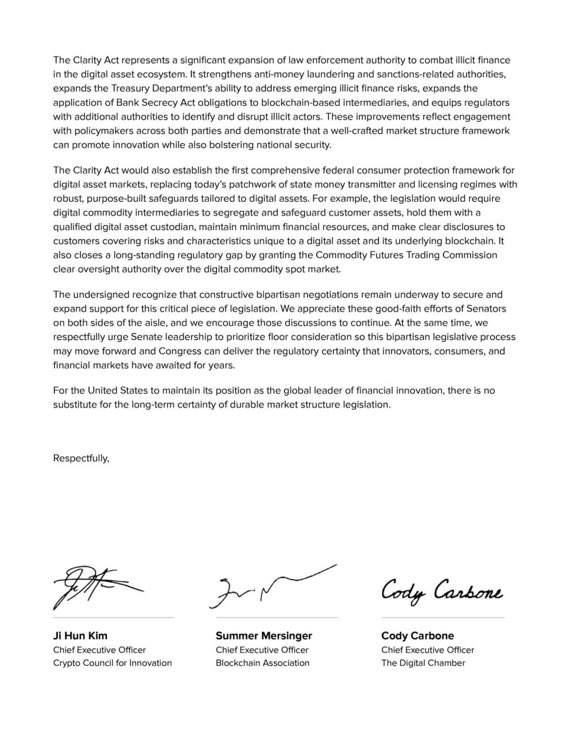 HelloItsWaleed's tweet photo. 🇺🇸 UPDATE: Crypto groups (Blockchain Association, Crypto Council, and Digital Chamber) are asking the Senate to look at the CLARITY Act. https://t.co/zDTLSCILa4