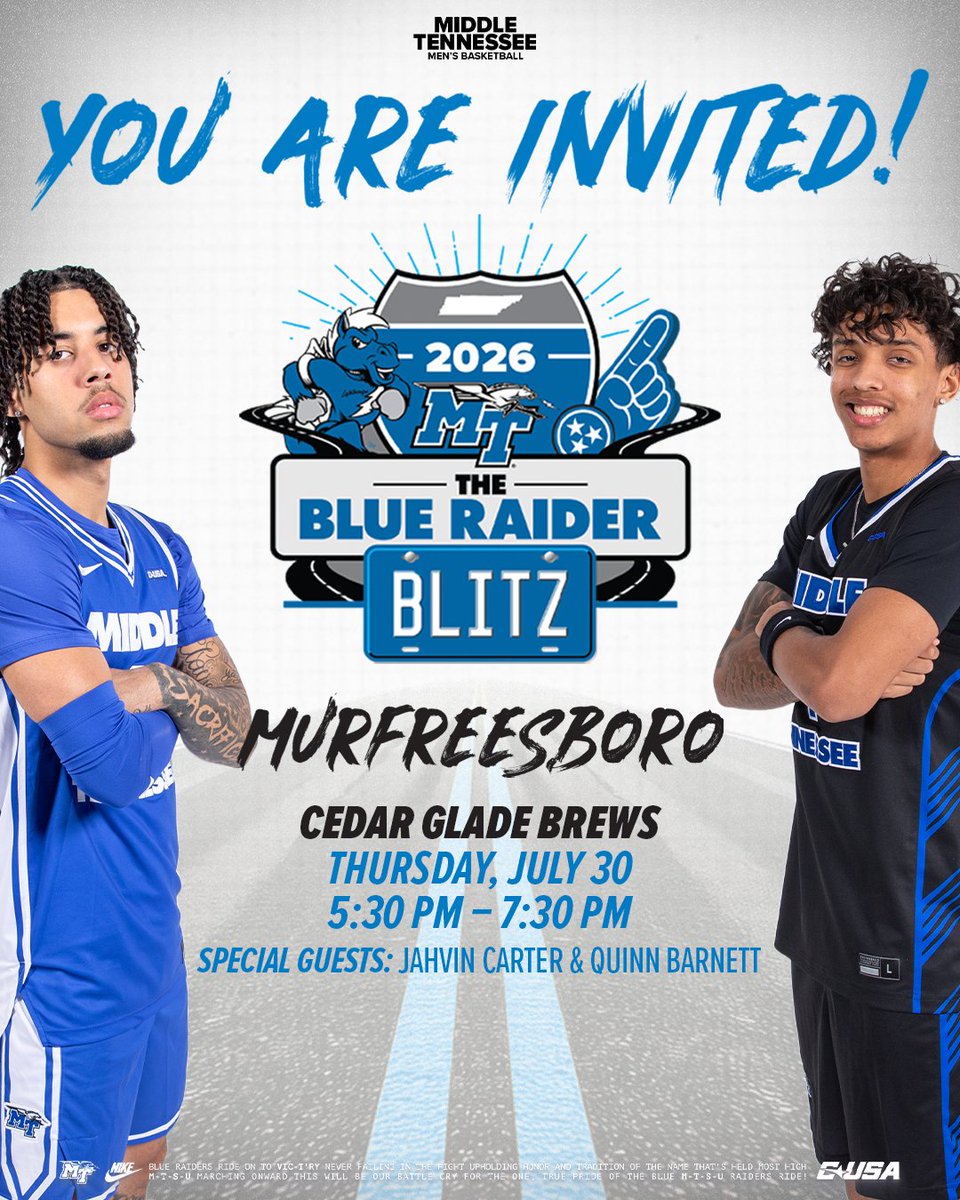 MT_MBB's tweet photo. The Blue Raider Blitz is almost here, and we can't wait to see Blue Raider Nation at the Murfreesboro stop!

RSVP today: https://t.co/XKdXBuB0x0 https://t.co/60cwVVnbZt