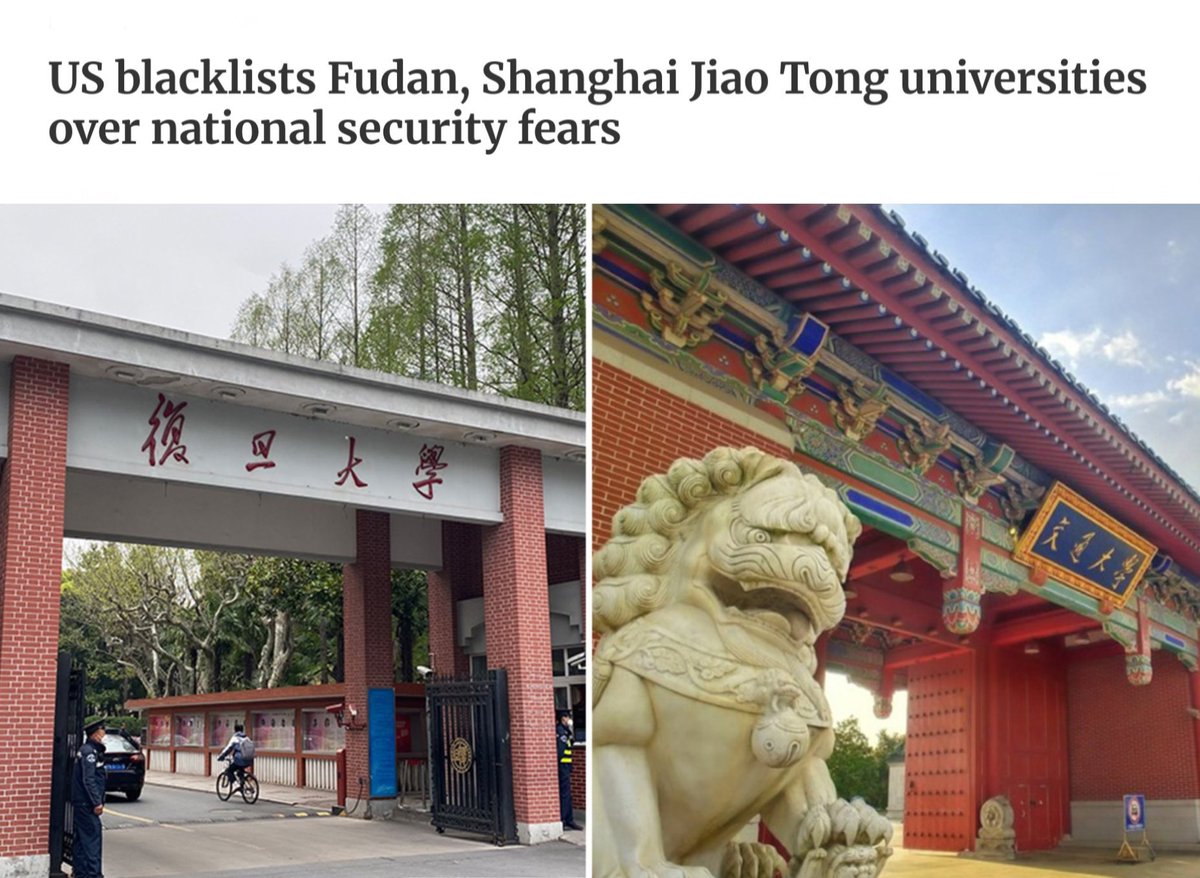 Byron_Wan's tweet photo. 🇺🇸 Department of War has placed 🇨🇳 Fudan University and 🇨🇳 Shanghai Jiao Tong University on its Section 1286 list of foreign institutions deemed to pose a threat to US national security.

https://t.co/cly3QcWFNX

https://t.co/g97YXaiCQf

https://t.co/Skhg1QxsYX

https://t.co/x0Zw95k0ye

https://t.co/ODnvoCAOWU
