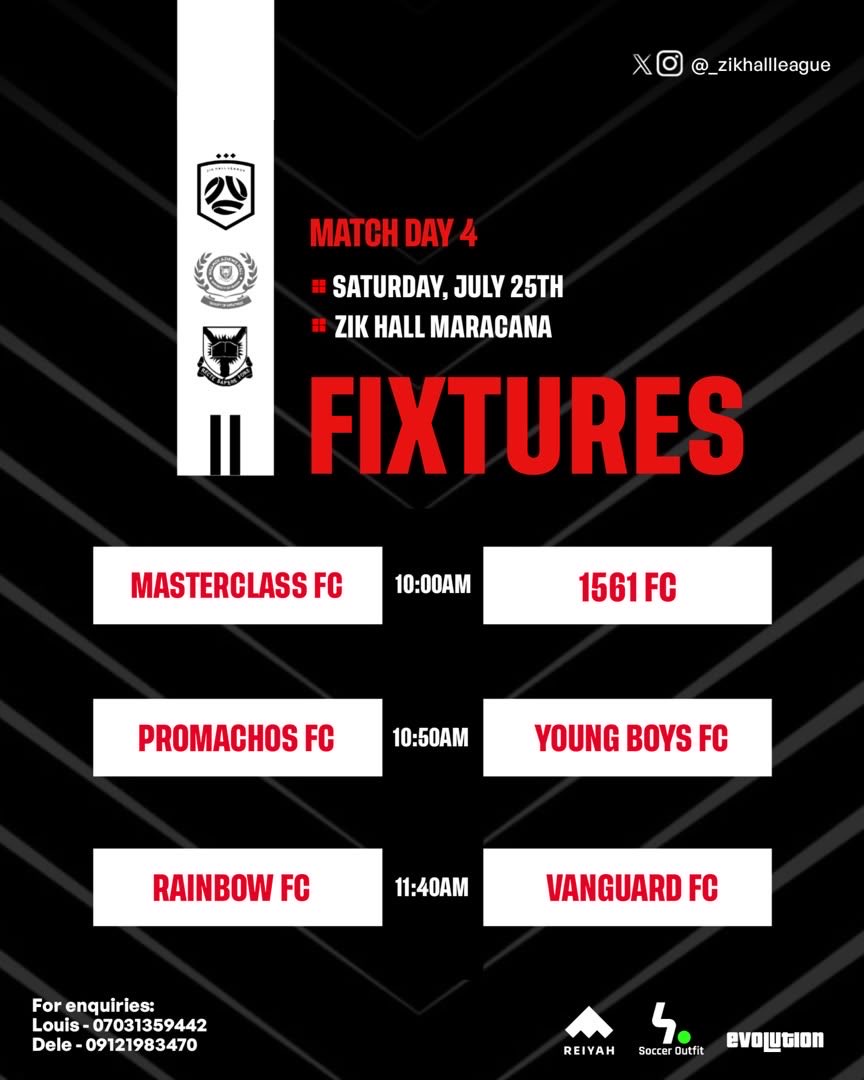 _zikhallleague's tweet photo. ⚽️Matchday 4 is set!

The battle for crucial points continues this Saturday.

📅 25th July (Saturday)
🕙 Masterclass FC 🆚 1561 FC
🕥 Promachos FC 🆚 Young Boys FC
🕦 Rainbow FC 🆚 Vanguard FC

Build your team : https://t.co/xHzKEMxkq7 https://t.co/B5G8vo9Evk