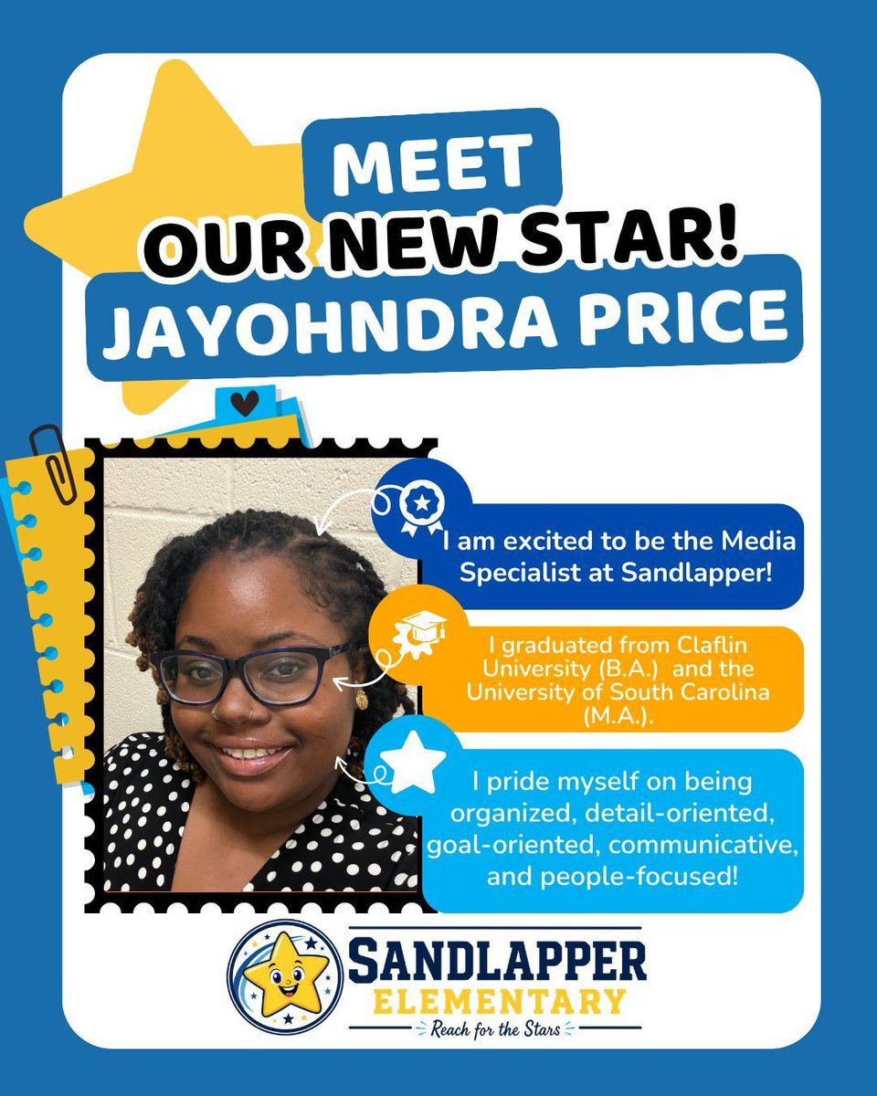 SEstarsR2's tweet photo. A familiar face in a brand-new role! 🌟 Join us in congratulating @JayohndraP as she steps up to become Sandlapper's Media Specialist! Ms. Price brings incredible organization, communication, and heart to everything she does. We know our library is in amazing hands! 💙 https://t.co/fMPiA4OmtJ