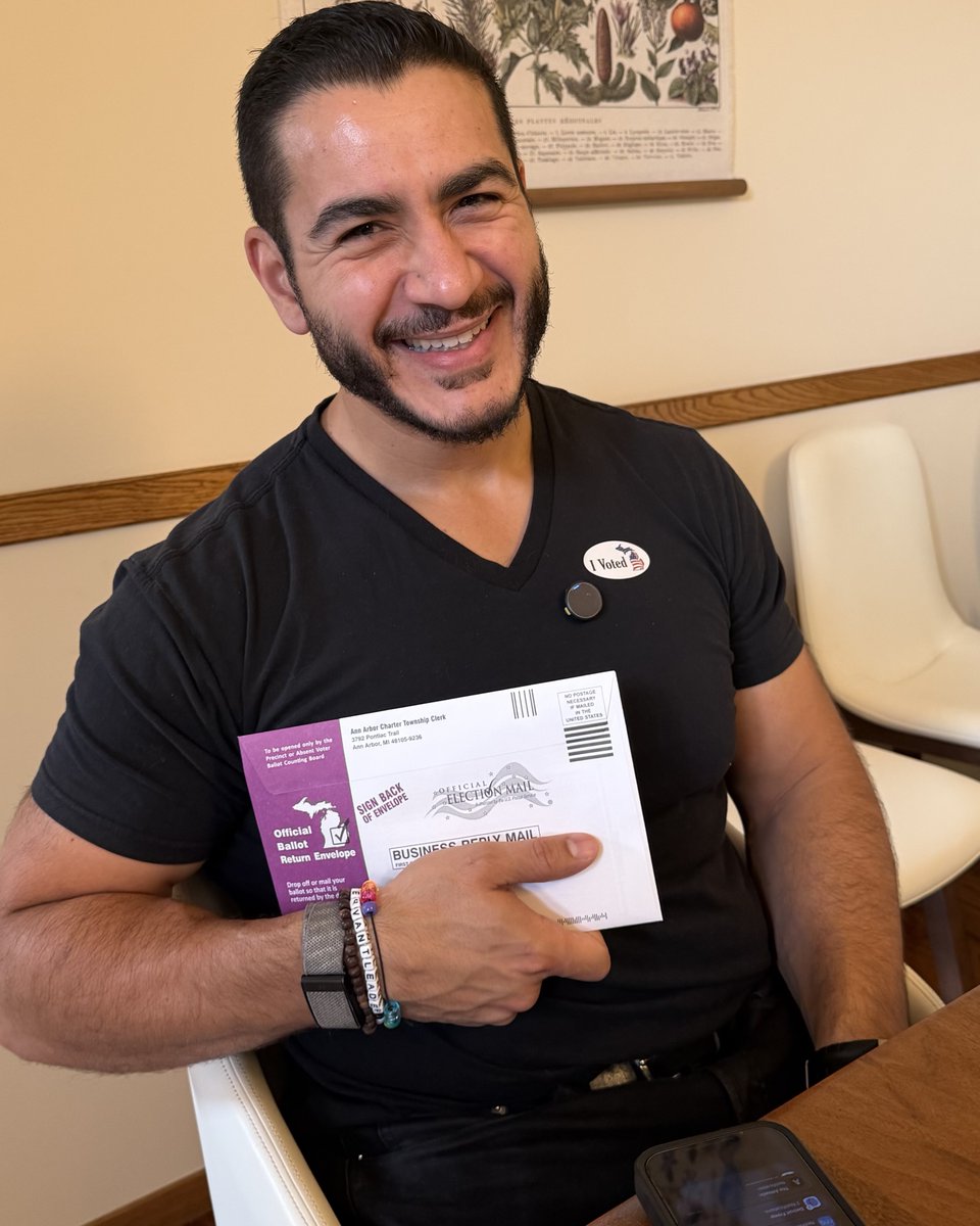 AbdulElSayed's tweet photo. I voted absentee✔️ Make sure to get your ballots in by dropping them at your clerk’s office or a ballot dropbox. Let’s win this, Michigan! https://t.co/uaivtvG9MU