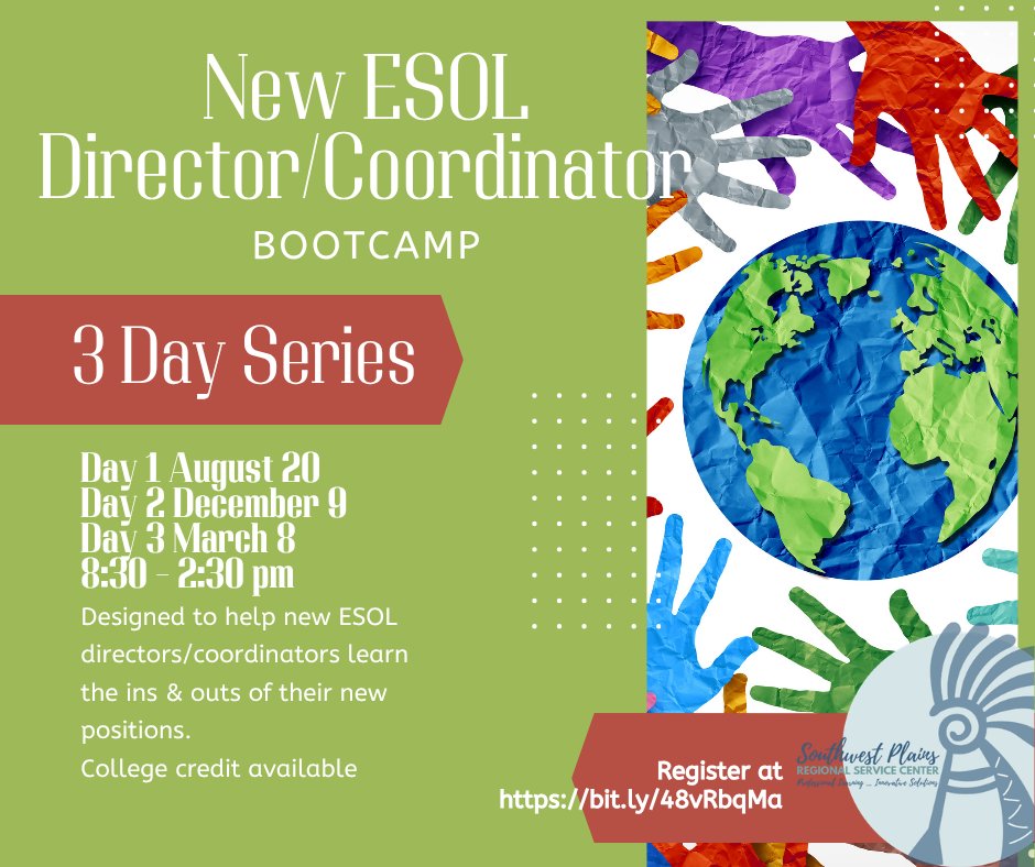 swplains's tweet photo. Are you new or fairly new to the ESOL Director or Coordinator position for your district? If so, we invite you to join us to network and share resources.  Register at https://t.co/D0R7e82v1s https://t.co/mmZboI42S7