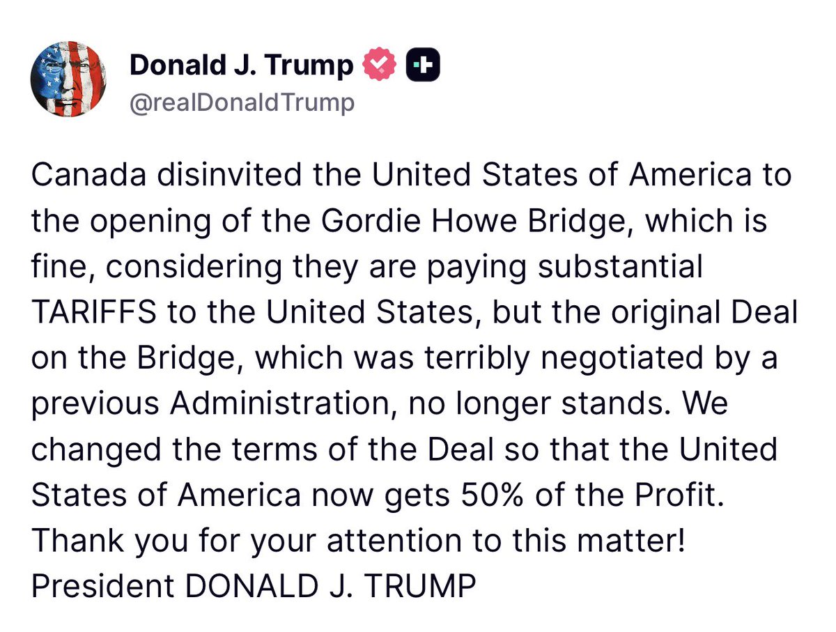 Breaking911's tweet photo. BREAKING: President Trump says Canada disinvited the U.S. from the Gordie Howe Bridge opening, adding that his administration renegotiated the agreement so the United States will now receive 50% of the bridge’s profits. https://t.co/xx01nbHfO9