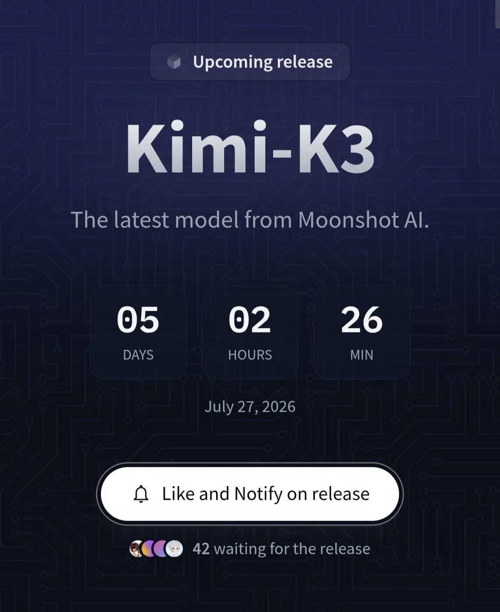 7foxcat's tweet photo. Hugging face even set a countdown page for the new model of Kimi -K3: https://t.co/Pri3LqPKKO