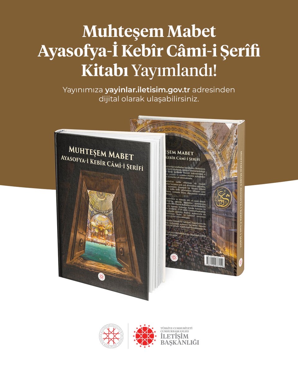 iletisim's tweet photo. Cumhurbaşkanlığı İletişim Başkanlığımız tarafından, İstanbul’un tarihi siluetinin en önemli sembollerinden biri olan #Ayasofya’nın köklü geçmişini, yeniden açılış sürecini ve basın tarihindeki izlerini bir araya getiren "Muhteşem Mabet Ayasofya-i Kebîr Câmi-i Şerîfi" adlı eser yayımlandı.

https://t.co/SrTVFWUjpY