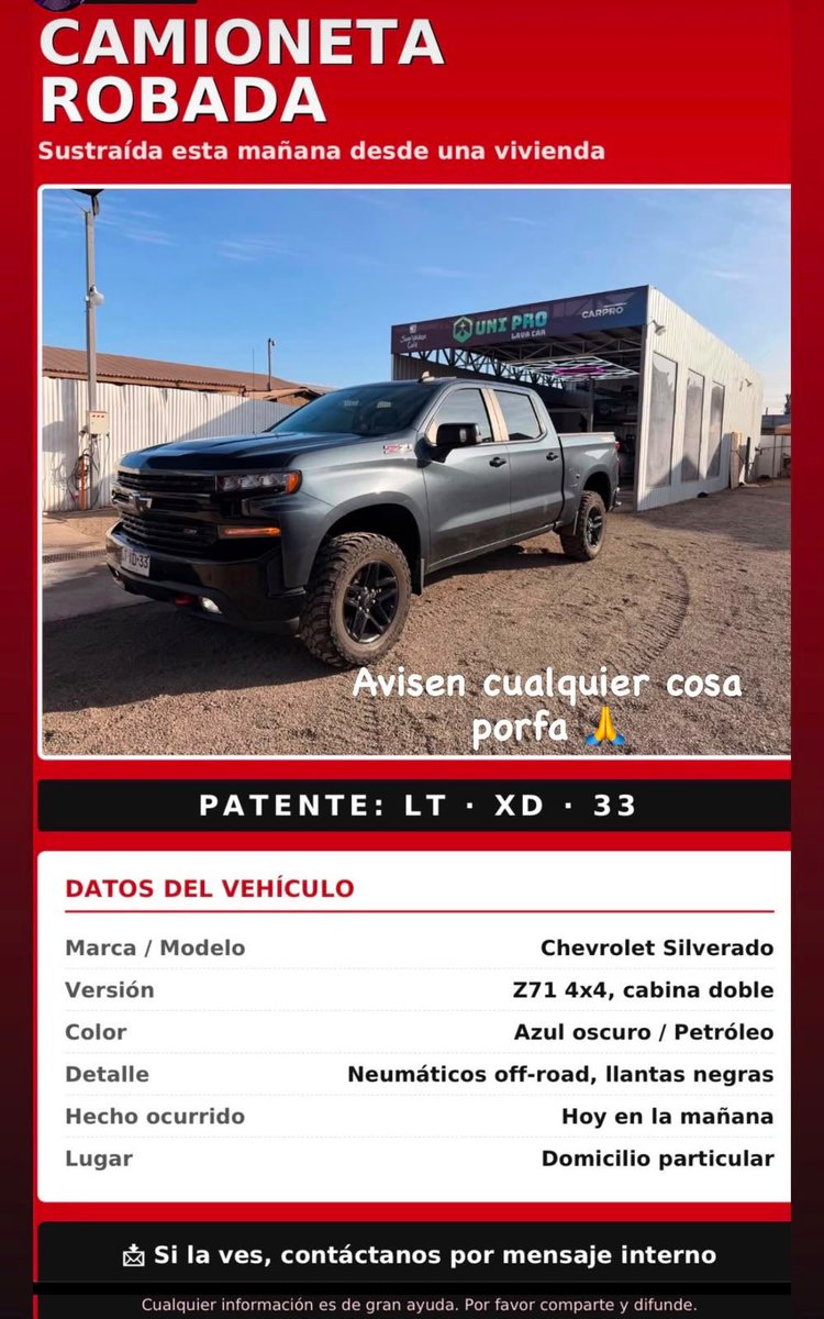 ciudadanovidela's tweet photo. 🚨 ¡Se busca! Delincuentes robaron esta camioneta desde un domicilio particular. Ya se realizó  la denuncia y Carabineros trabaja para dar con los responsables. Les pido compartir esta publicación; cualquier información puede ser clave para recuperarla. ¡No dejemos que estos hechos queden impunes! 🙏 #Antofagasta @Carabdechile