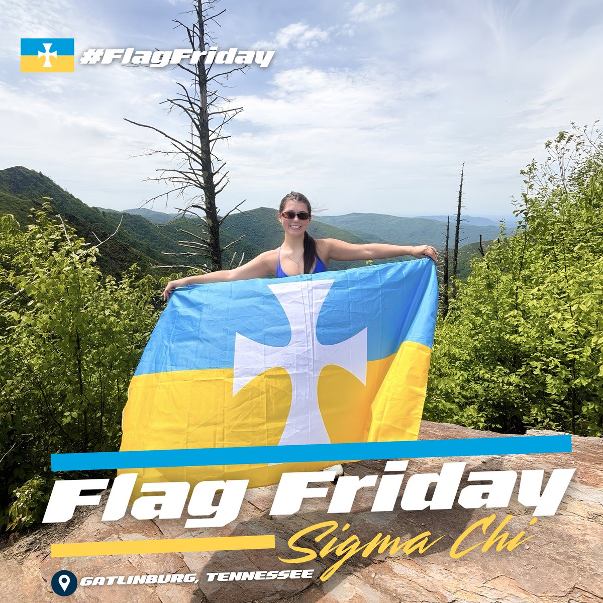 SigmaChi's tweet photo. Happy Flag Friday! Enjoying a chapter trip during summer break in Gatlinburg, Tennessee, is this week’s $25 Sigma Chi Store gift card winner, Sydney Shaker, Delta Kappa Chapter Sweetheart at Bowling Green State University. Swipe to see what she had to say➡️  #sigmachi #flagfriday https://t.co/vyA9R0KvBH