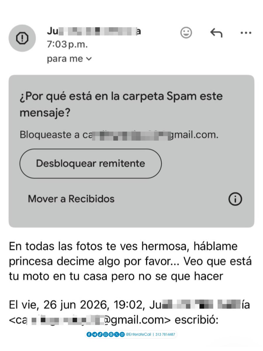 EnterateCali's tweet photo. Una estudiante universitaria de Cali identificada como Dahiana denunció, a través de un perfil anónimo en redes sociales, que desde comienzos de este año está siendo víctima de un presunto acoso por parte de un compañero de su universidad. Según su relato, solo compartieron un almuerzo y desde entonces él comenzó a escribirle de forma insistente por redes sociales y, tras ser bloqueado, continuó enviándole correos electrónicos. 😨📩⚠️

De acuerdo con la denuncia, algunos de esos mensajes pasaron de expresar que quería verla a incluir presuntas amenazas de secuestrarla y asegurar que no le importaría ir a la cárcel. La joven también afirmó que el hombre ha ido hasta el edificio donde vive, hecho que, quedó registrado en cámaras de seguridad. Además, aseguró que tomó un casco diciendo que solo se lo devolvería a ella y que incluso revisó la basura del edificio hasta encontrar un gorro de satín, del que posteriormente le envió una fotografía por correo mientras lo olía.

Dahiana manifestó que ya interpuso una denuncia ante la Fiscalía y que cuenta con una medida de protección. Sin embargo, asegura que el hombre solo estuvo retenido durante 24 horas tras ser detenido por la Policía y que actualmente teme por su vida porque considera que las acciones tomadas no han sido suficientes.

Tras hacerse pública la denuncia, otra mujer aseguró haber sido pareja del mismo hombre y afirmó que también habría sufrido presuntos episodios de acoso y persecución años atrás. Mientras tanto, Dahiana continúa pidiendo ayuda y mayor protección ante el temor de que la situación siga escalando. 🚔🛑