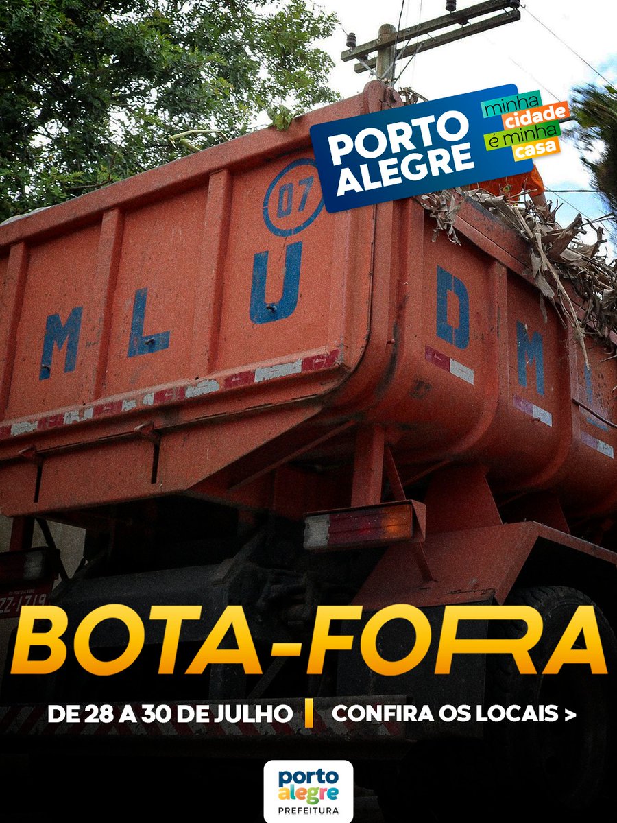 Prefeitura_POA's tweet photo. Próximas datas do Bota-Fora! 🚚

🗑️ A ação auxilia comunidades no descarte de objetos volumosos que não são recolhidos pelas coletas regulares, como colchões, móveis, etc.

👉 Os materiais devem estar em frente às residências na noite anterior, ou até às 7h30 do dia da ação. https://t.co/CAjaMwhbId