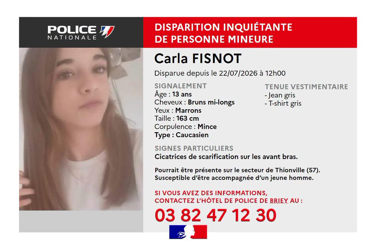PoliceNat54's tweet photo. #disparitioninquiétante | Les enquêteurs de #Briey recherchent Carla FISNOT, disparue depuis le 22 juillet à 12h00.

Elle pourrait se trouver sur le secteur de Thionville.

Si vous avez des informations, contactez le commissariat de Briey au 0382471230

Merci pour vos retweets 👍 https://t.co/nrAGyBEney