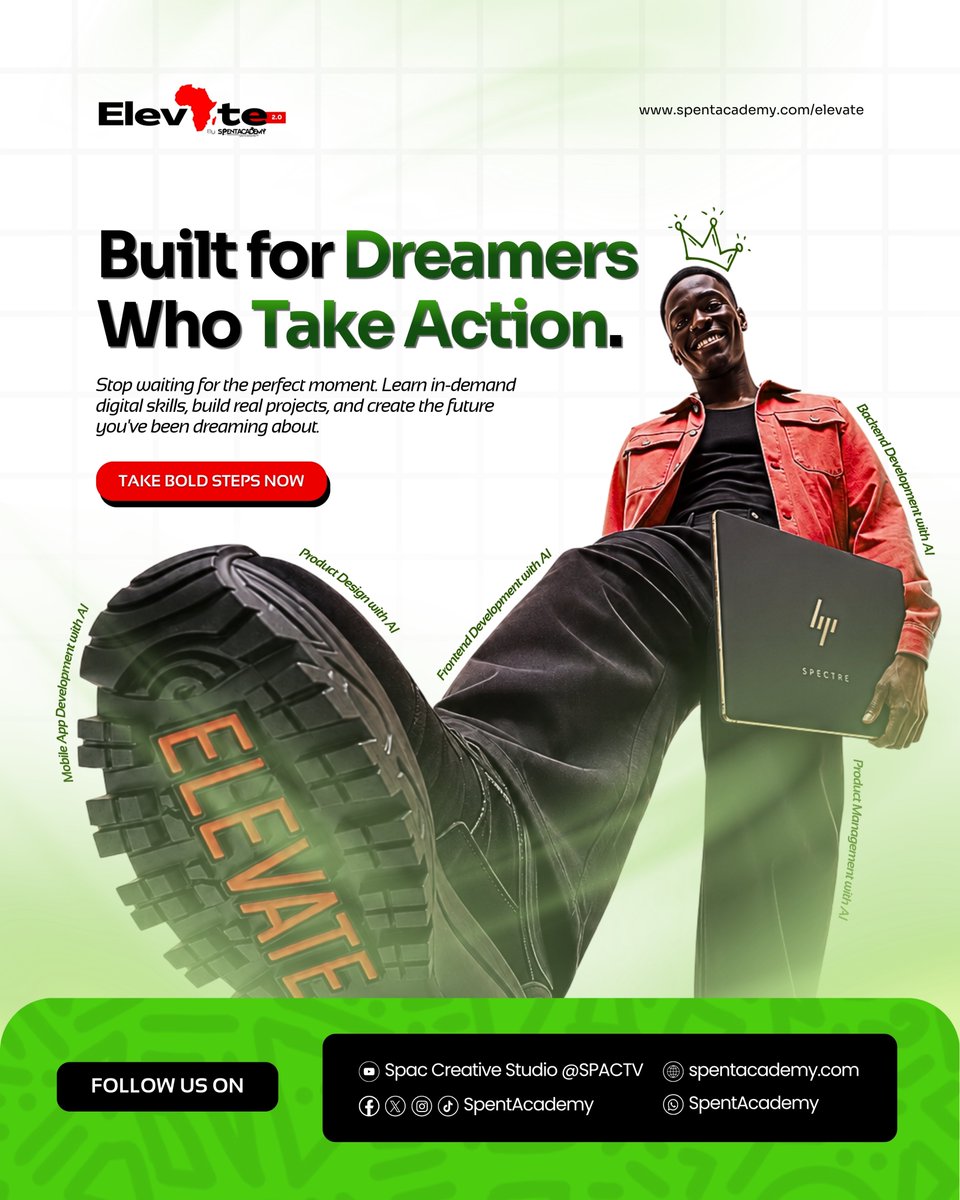 Spentacademy's tweet photo. Built for Dreamers Who Take Action.
Elevate 2.0 offers 95% scholarship support to learn: 💻 Frontend ⚙️ Backend 🎨 UI/UX 📊 Product Management 📱 Mobile Apps
📅 Starts Aug. 10. 🎓 Limited scholarship slots
apply early. https://t.co/BOPIToPowp
#Elevate2 #SpentAcademy https://t.co/rZZVfHeRQq