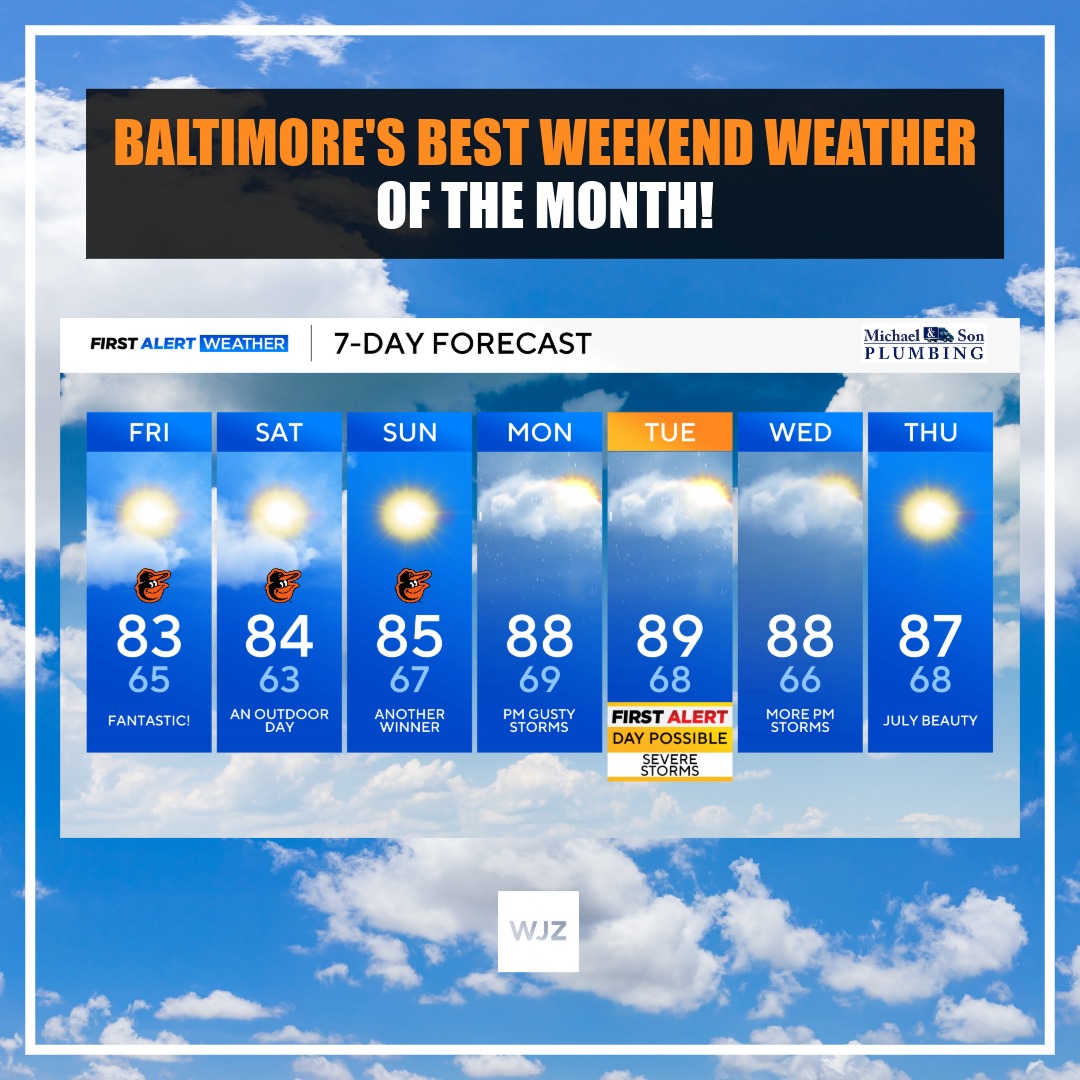 wjz's tweet photo. Baltimore's nicest weather weekend of the entire month is coming our way! ☀️ Here's your 7-day forecast. Stay weather aware and get the latest forecast updates in the CBS News app.
#FirstAlertWeather #MarylandWeather #BaltimoreWeather #7DayForecast #WeekendWeather #Baltimore #Maryland #WJZ #FYP #ForYouPage #ExplorePage
