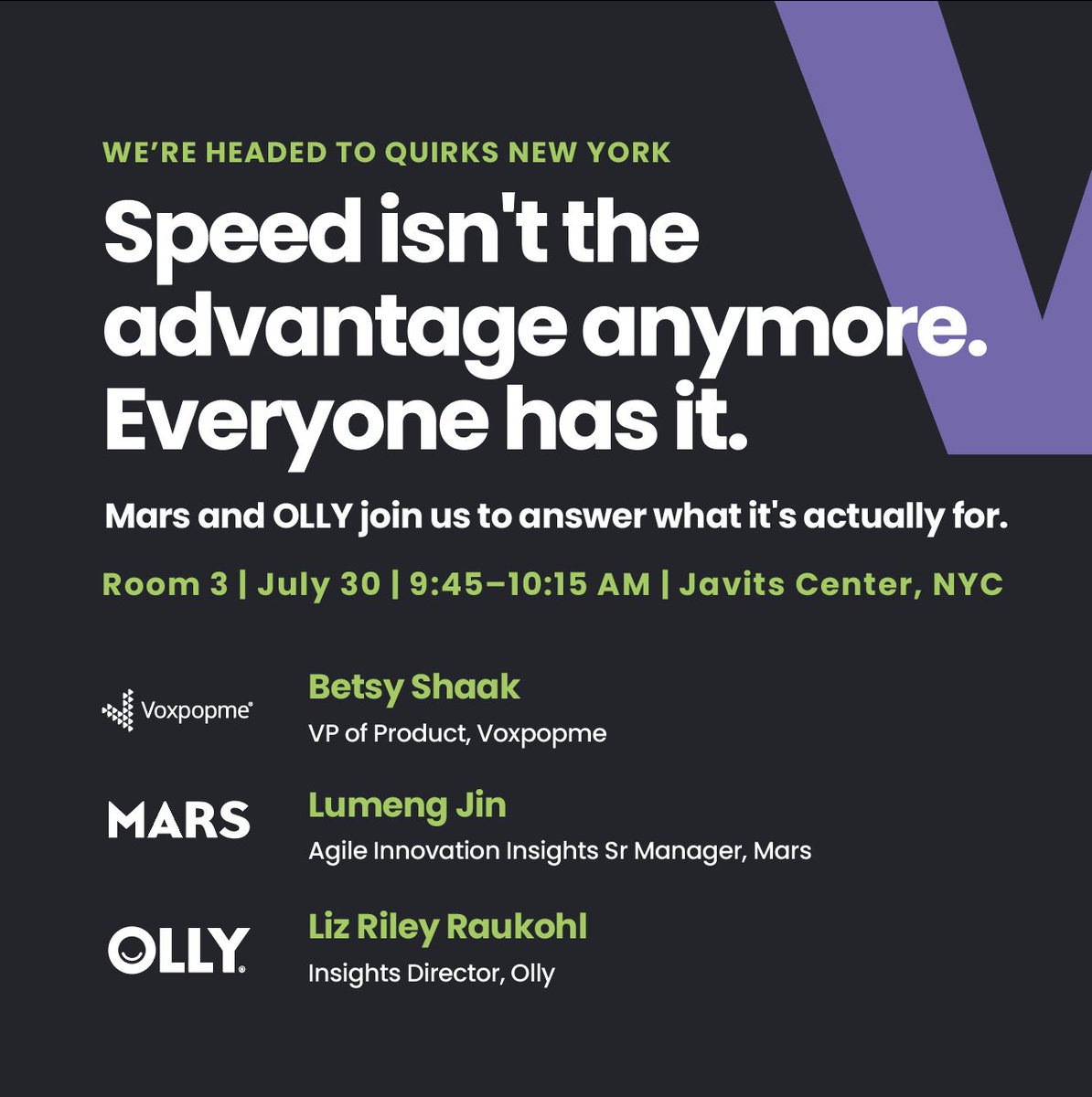 voxpopme's tweet photo. Still all about the speed of insights? That's no longer an advantage.

The real question is, what's it for?

Catch our panel: Betsy Shaak (Voxpopme), Lumeng Jin (Mars), and Liz Riley (OLLY) at Quirks NY next Thursday on turning AI speed into real decisions.

#QuirksNY2026 https://t.co/C7VIIOWXKt