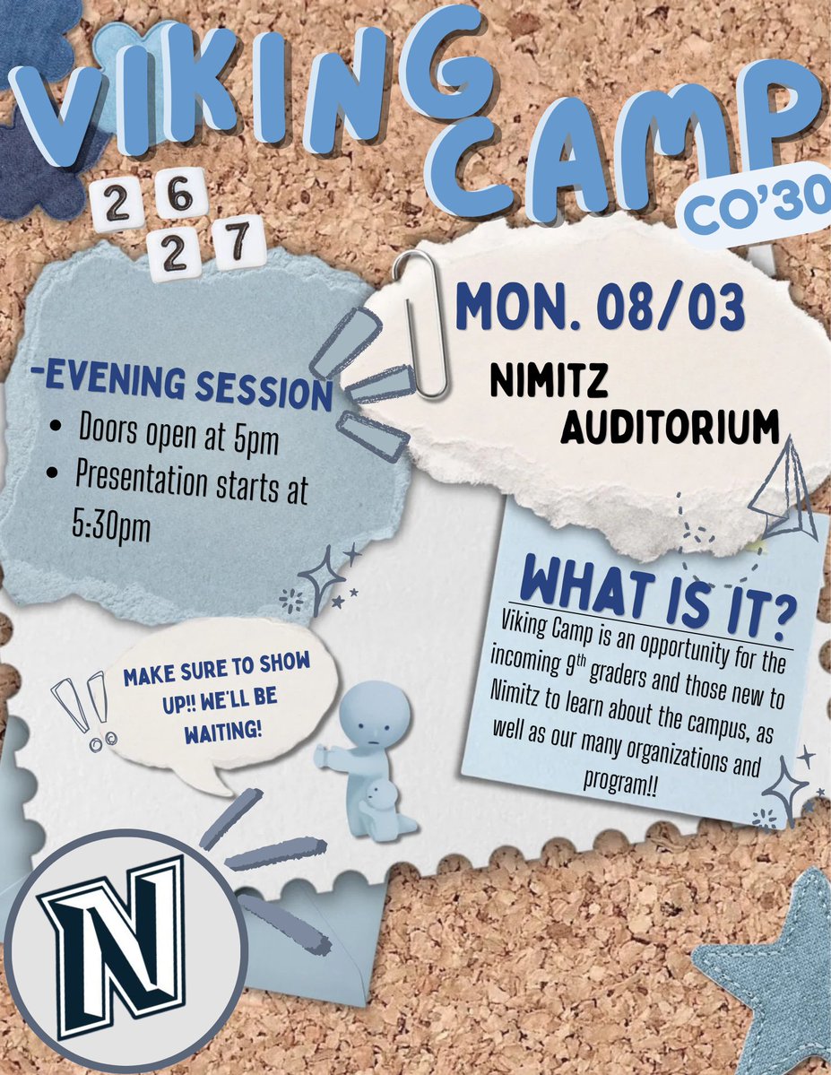 NimitzVikings's tweet photo. 📣 Incoming Vikings!!!! 
August 3rd we will have our Viking Camp which is the perfect opportunity to get familiar with the campus and learn everything you need before the first day of school. Don’t miss out⭐️ see you there ! #freshmencamp #NimitzNation https://t.co/49GyVmrdCH