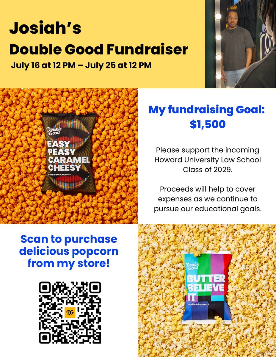 KingSaiOfficial's tweet photo. Hi family &amp; friends 👋🏽 !

Our fundraiser ends in less than 24hrs🚨

Howard University School of Law (HUSL) Class of 2029📚 is doing a Double Good fundraiser🍿 running now until July 25 🗓️ 

Support our educational journeys by buying your popcorn today🍿👇🏾
https://t.co/zo4Z7QzPPx https://t.co/kIxVhJzeho