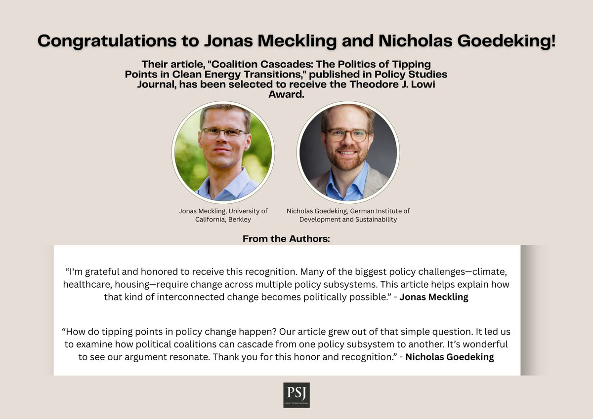 PSJ_Editor's tweet photo. Thank you to the Lowi Award Committee—Melissa Merry, Dan Mallinson, Kristin Taylor, and Annemieke van Den Dool—and to the APSA Public Policy Section leadership, Hongtao Yi!

Read article here: https://t.co/a5PA2wDzzJ
#PSJ #PolicyStudiesJournal https://t.co/Tg9JBeIFcP