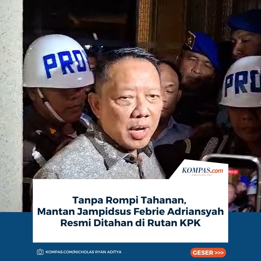 kompascom's tweet photo. Mantan Jaksa Agung Muda Tindak Pidana Khusus (Jampidsus) Febrie Adriansyah keluar dari Gedung Kejaksaan Agung (Kejagung), Jakarta Selatan, Jumat (24/7/2026) malam. 

Febrie keluar dari Gedung Utama Kejaksaan Agung sekitar pukul 23.00 WIB.

Mobil yang membawa Febrie itu bertuliskan Jaksa Agung Muda Bidang Pidana Khusus, berwarna hijau dengan terali besi warna hitam di jendelanya.

Dalam keterangannya kepada awak media Febri merasa dirinya dikriminalisasi karena barang bukti yang ada menurutnya tidak cukup kuat. 

Penulis: Nicholas Ryan Aditya
Editor: Danu Damarjati