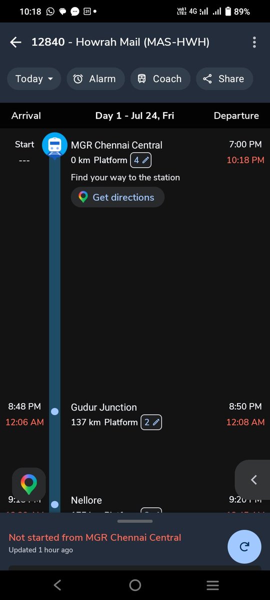 Yashu576's tweet photo. What's going with our @RailMinIndia. The train number with 12840 Howrah Mail is not at all following punctuality. The actual departure from MGR Central is 7 pm but not started yet. Now it's almost past 10:20 pm and the train is more than 3 hours late. See the screenshots. https://t.co/aS48SZICVW