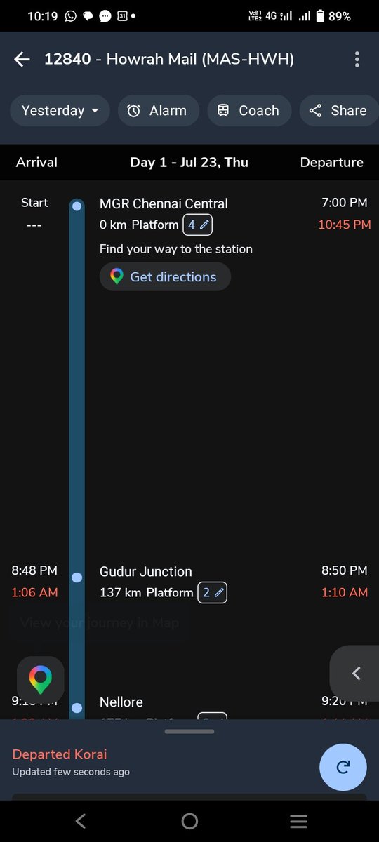Yashu576's tweet photo. What's going with our @RailMinIndia. The train number with 12840 Howrah Mail is not at all following punctuality. The actual departure from MGR Central is 7 pm but not started yet. Now it's almost past 10:20 pm and the train is more than 3 hours late. See the screenshots. https://t.co/aS48SZICVW