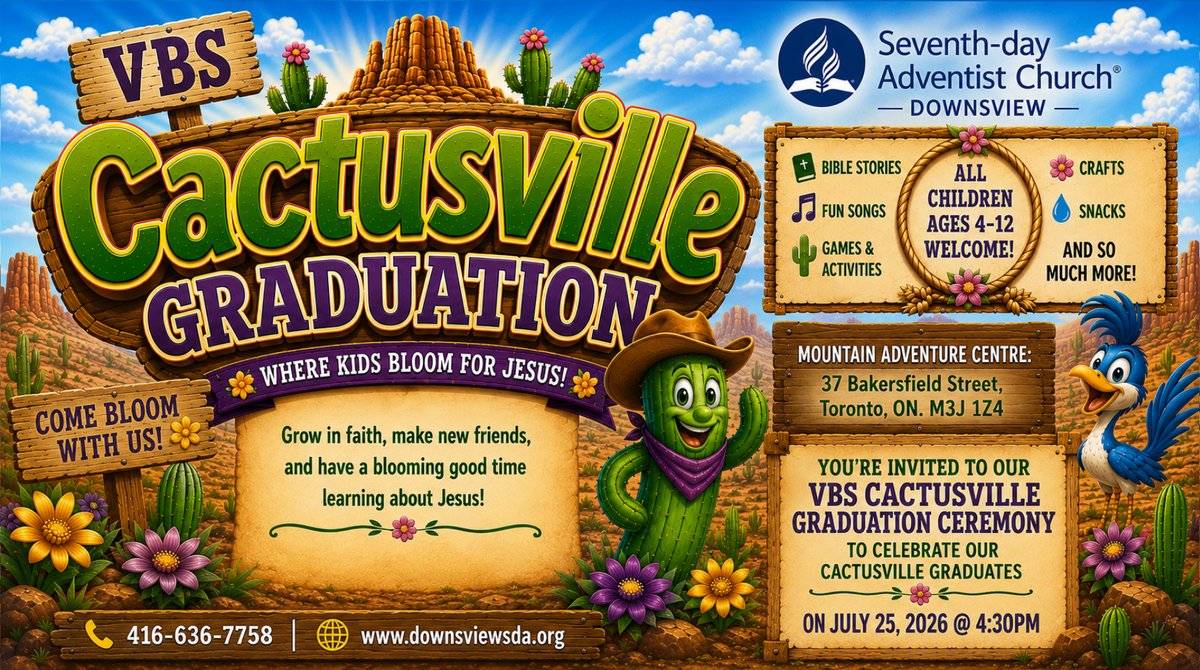 DownsviewChurch's tweet photo. Join us live for the grand finale of our Cactusville (VBS)! 🌵✨Our kids have spent the week learning about God’s love, making crafts, singing songs, and discovering how to walk with Jesus. Today, we celebrate their journey and achievements at our special VBS Graduation ceremony! https://t.co/3C9BAEgtAi