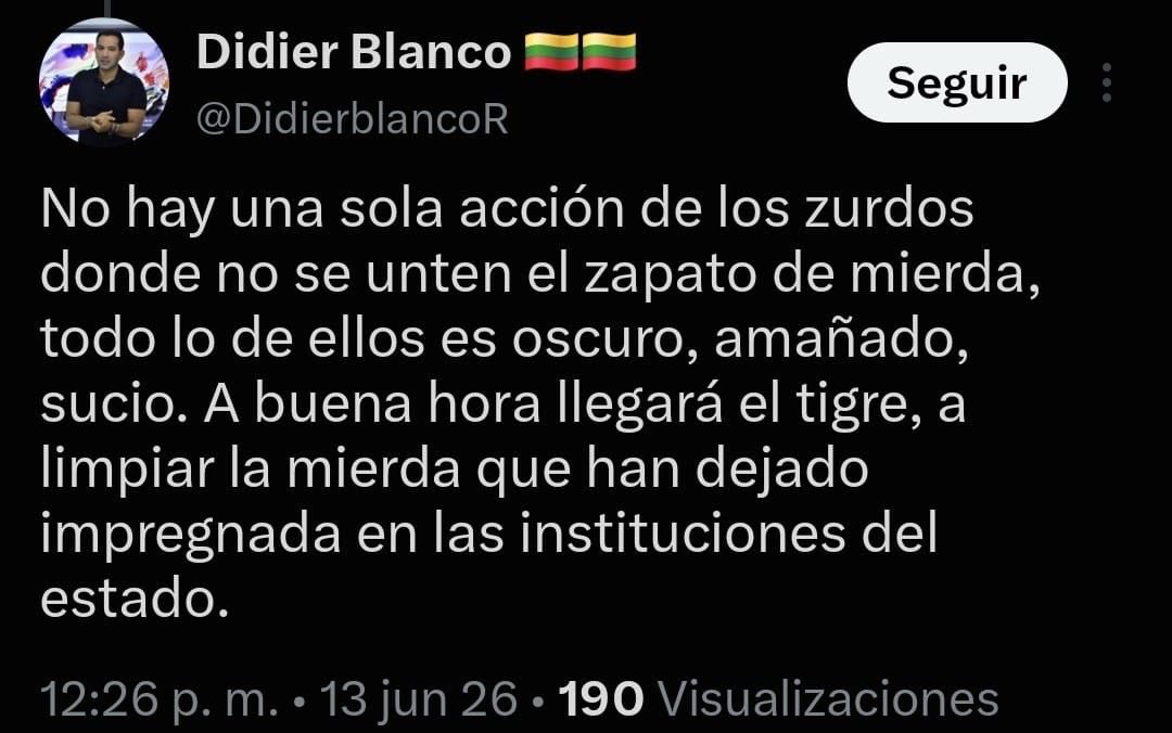 ckevingomez's tweet photo. El señor @DidierblancoR, quien acaba de ser designado como director de la Unidad Nacional de Protección (UNP) en el gobierno de Abelardo, ya empezó a borrar los trinos donde deja en evidencia su incompatibilidad con el cargo, aquí se los mostramos a Colombia. Esto es peligroso y reprochable.

Aquí están en riesgo las garantías a la oposición, solo en esta semana 2 líderes del Pacto fueron asesinados, hay innumerables denuncias de amenazas a nuestra representación y una promesa de destripamiento del señor Abelardo que busca ejecutarse. 

¿Qué garantías podemos esperar de un energúmeno en la dirección de esta entidad?