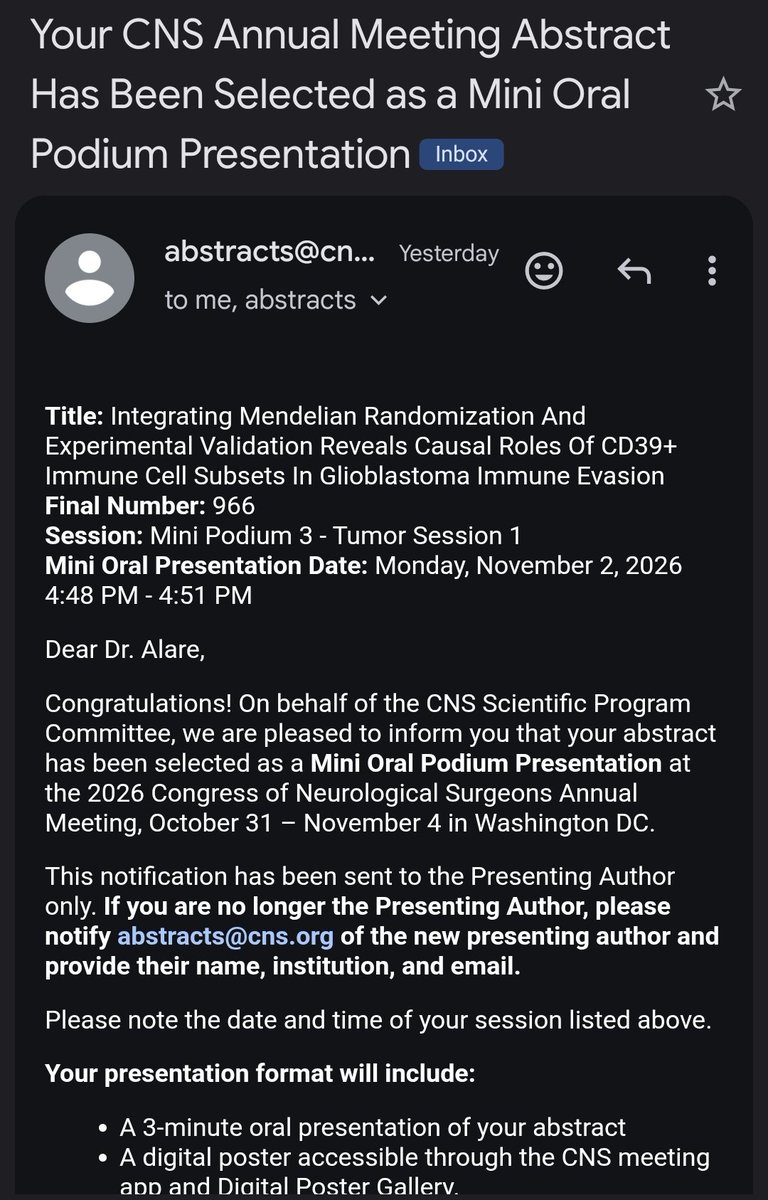 kehinde_alare's tweet photo. Excited to share that three of our abstracts have been accepted for presentations @CNS_Update #2026CNS

Kudos to everyone on the team, awaiting decision on others
Next #2027CNS https://t.co/BKED1WYC6L