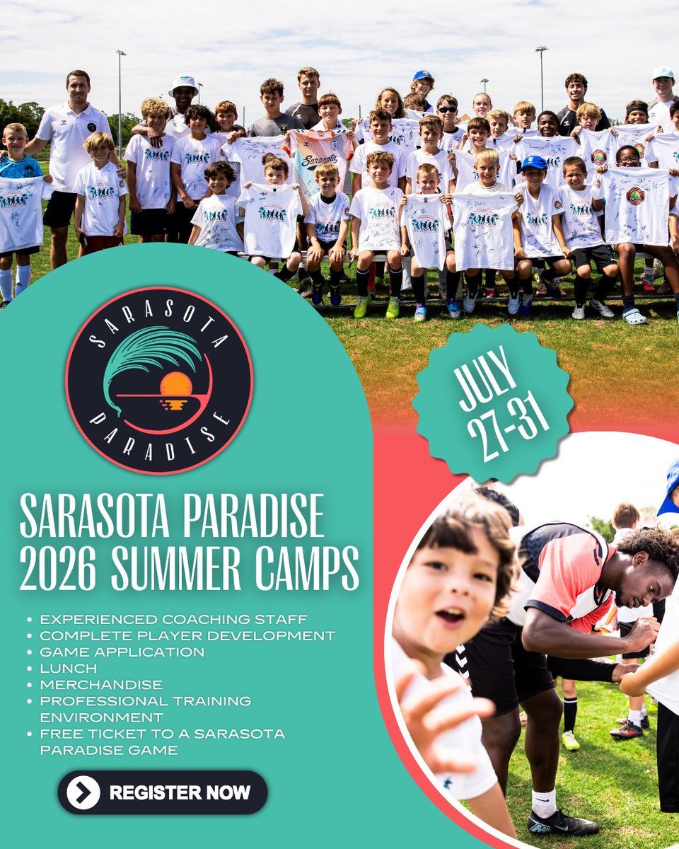 SRQ_Paradise's tweet photo. Our final summer camp is here ✅

From July 27-31st, we are hosting our final summer camp

✍️Grab an autograph from our players 
🎟️ Free ticket to a Sarasota Paradise game
🍽️ Free lunch provided 
⚽️ Immersive pro game experience 
🔗 Register here: https://t.co/F0qde3zv6o https://t.co/VyVsxb6lZR