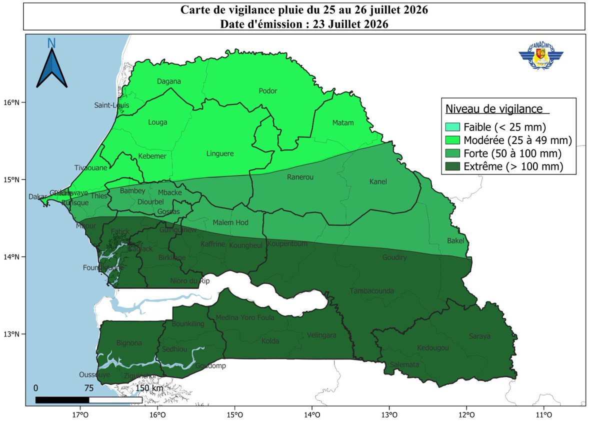 meteosenegal's tweet photo. 🚨 ALERTE MÉTÉO – FORTES PLUIES 🚨 📅 25 au 26 juillet 2026

⛈️ Des orages et pluies d'intensité variable sont attendus sur une grande partie du pays :
🔸 Dès samedi après-midi (25/07) : orages sur l'Est 🔸 Nuit du 25 au petit matin du 26/07 : extension à tout le pays. https://t.co/o9ptyOrJg9