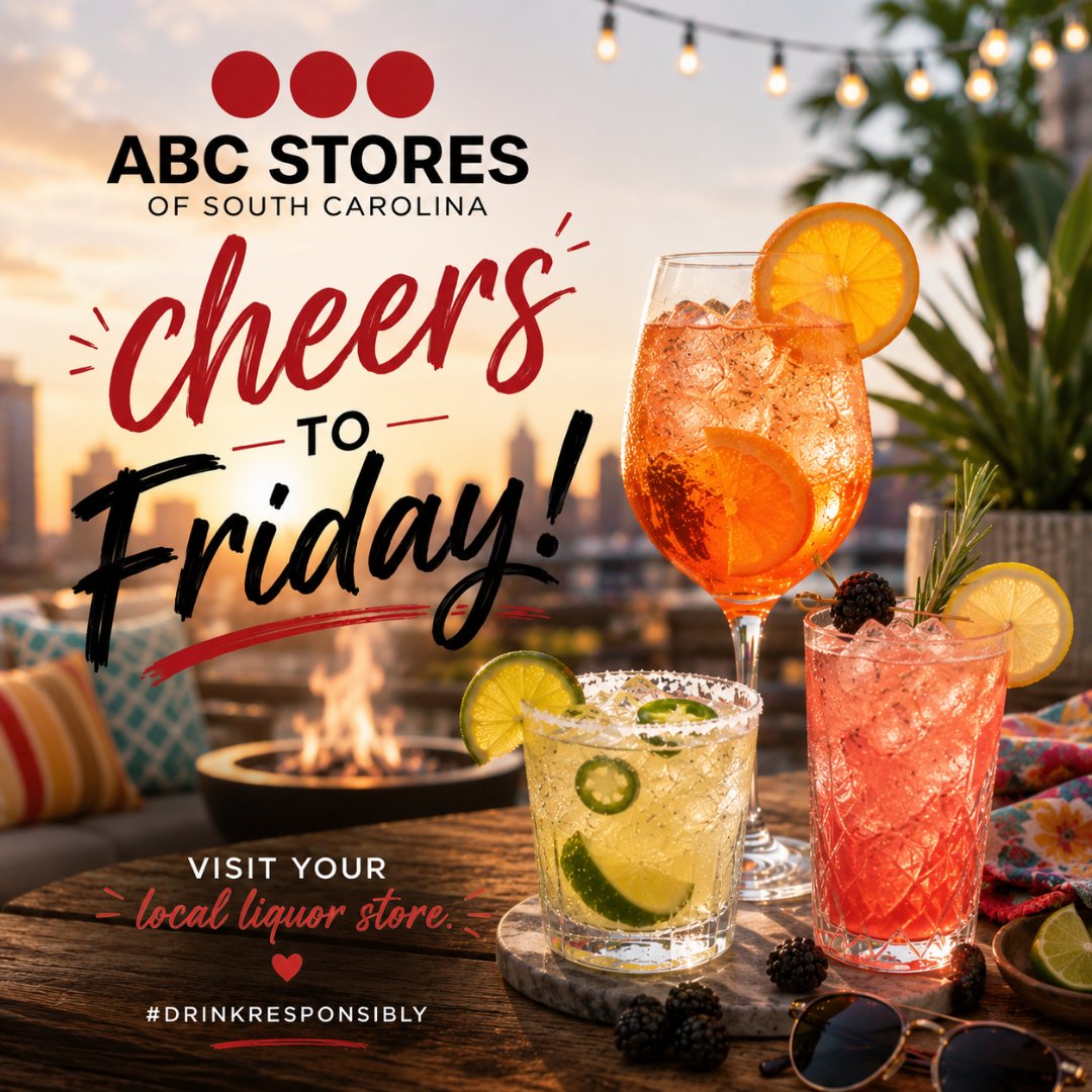 abcstoresofsc's tweet photo. Cheers to Friday from all of us at ABC Stores of SC! 🎉 Start your weekend off right by supporting your local liquor stores. Remember to drink responsibly and celebrate safely! 🥂 #cheerstoFridays #drinkresponsibly #supportsmallbusinesses https://t.co/NEueb8xb7f