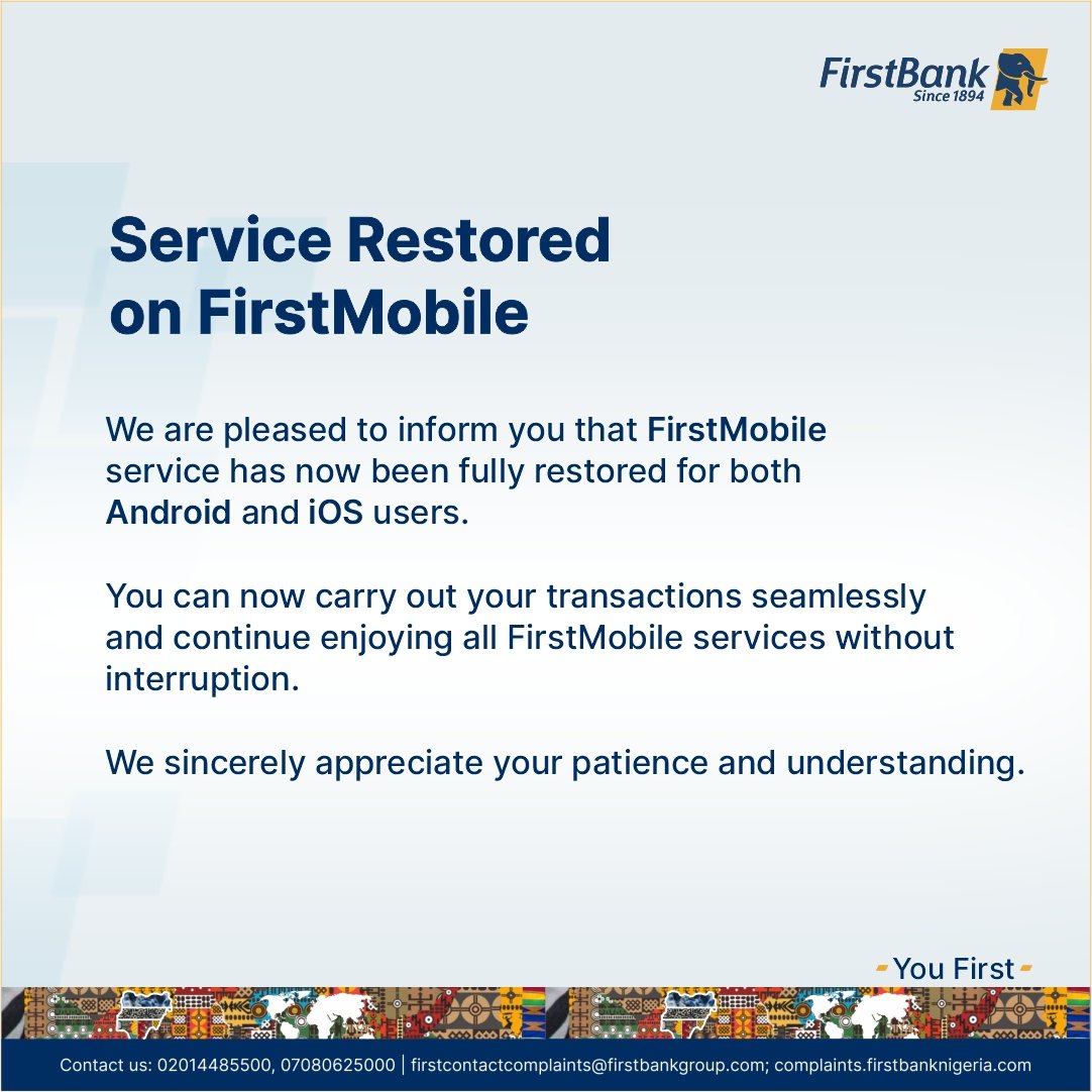FirstBankngr's tweet photo. Full service on FirstMobile has been restored for both Android and iOS users. You can now complete your transactions seamlessly. Thanks for your patience.
#YouFirst #FirstBank https://t.co/VPjZgVYyZ5