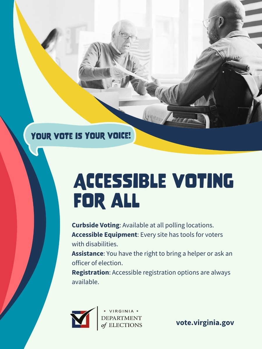 vaELECT's tweet photo. Every Virginian has the right to a secure and private vote. 🗳️♿

Whether you need curbside voting or specialized equipment, election officials are there to support you.

Learn more about accessible voting at https://t.co/Z4PThNmbjG.

#AccessibleVoting #YourVoteIsYourVoice https://t.co/Y28QI94Wdi