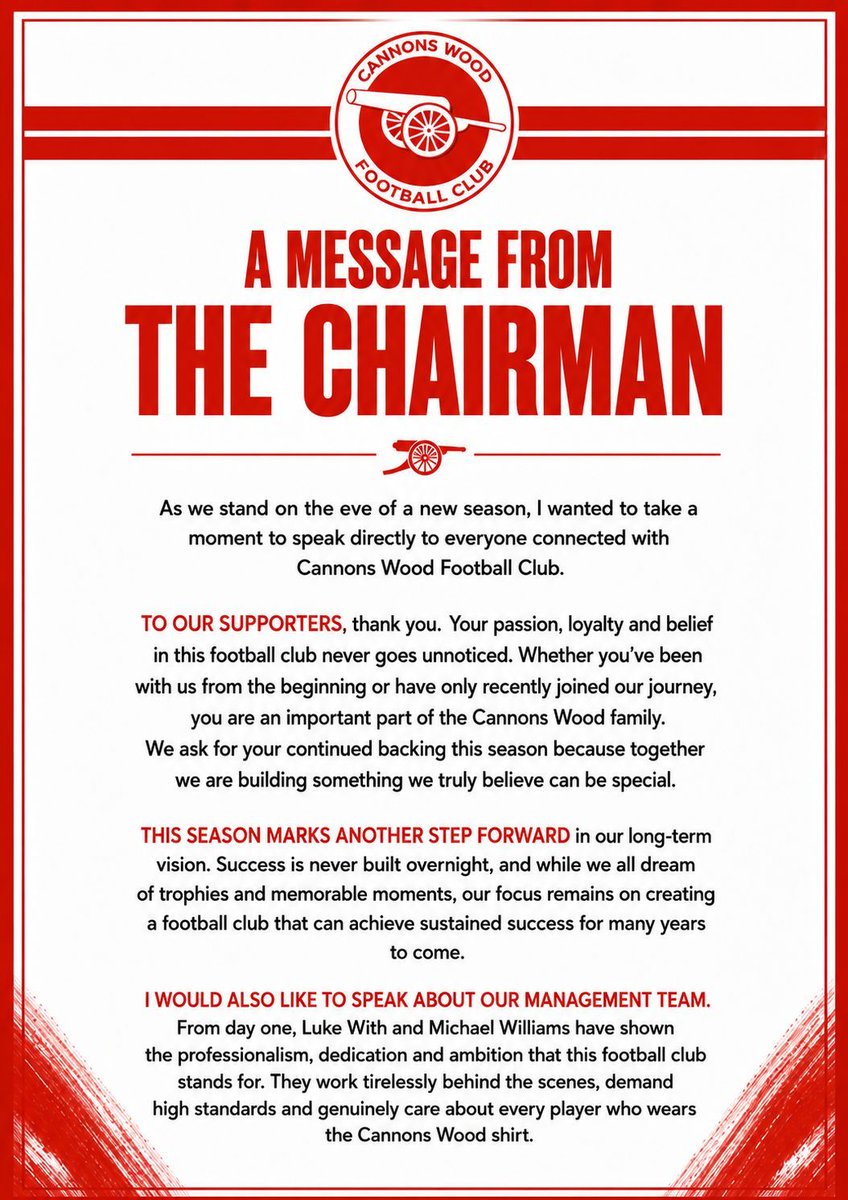 CannonsWoodFC's tweet photo. On the eve of the season opener, we caught up with our Chairman ahead of the start of the 2026/27 campaign.

He shares his thoughts on the journey so far, the ambitions for the season ahead, and a special message to our supporters, players and everyone connected with Cannons Wood Football Club.
