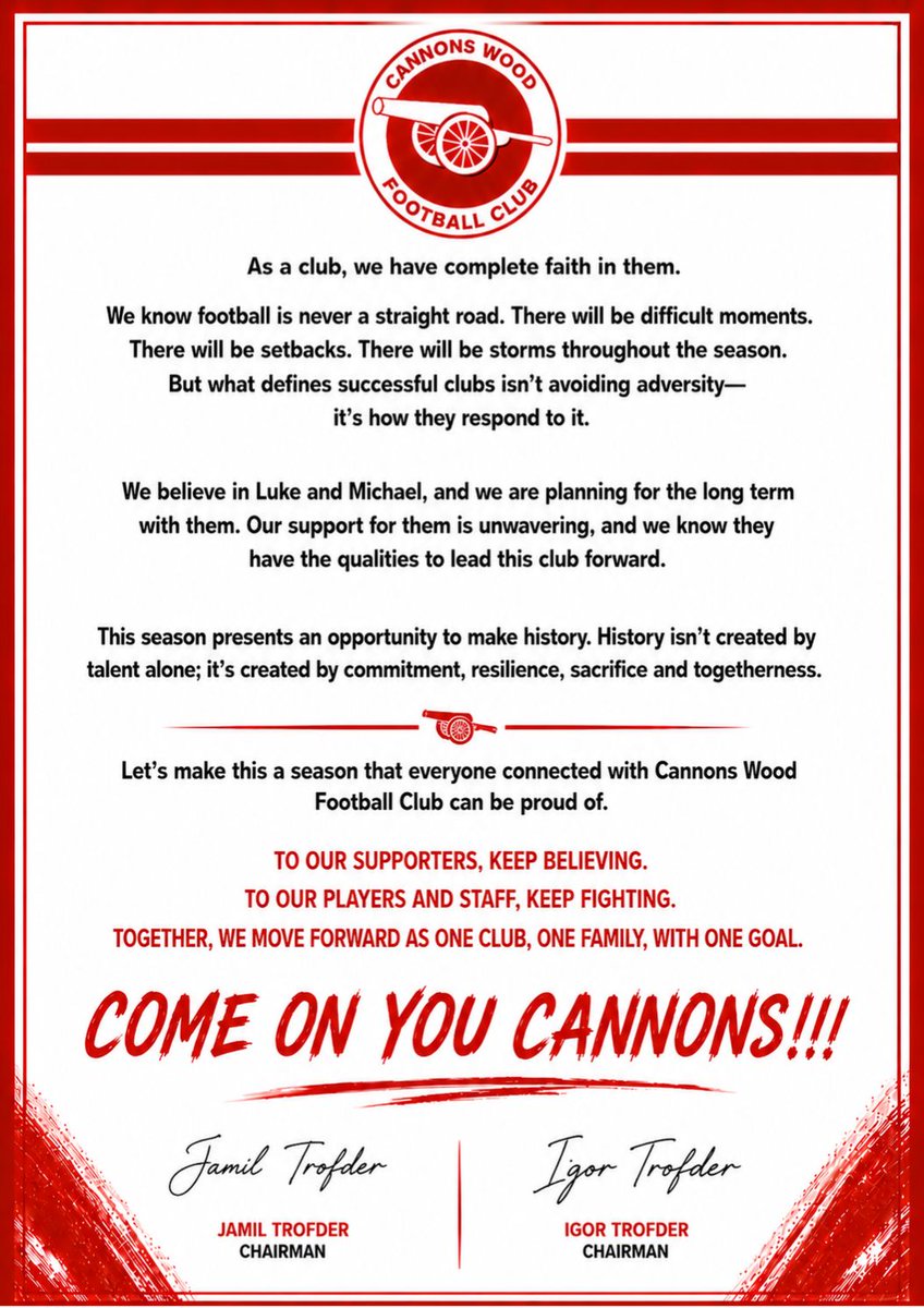 CannonsWoodFC's tweet photo. On the eve of the season opener, we caught up with our Chairman ahead of the start of the 2026/27 campaign.

He shares his thoughts on the journey so far, the ambitions for the season ahead, and a special message to our supporters, players and everyone connected with Cannons Wood Football Club.