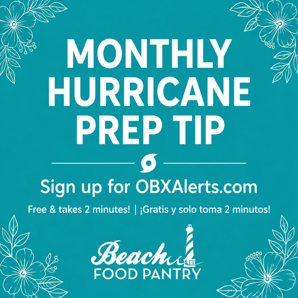 BeachFoodPantry's tweet photo. Monthly Hurricane Prep Tip! 🌀 Sign up for emergency alerts at OBX Alerts. It's free &amp; takes 2 mins. Stay safe, neighbors! ¡Consejo del mes! Regístrate para alertas de emergencia. ¡Es gratis y rápido! #OBX https://t.co/9XP9R8zP4U