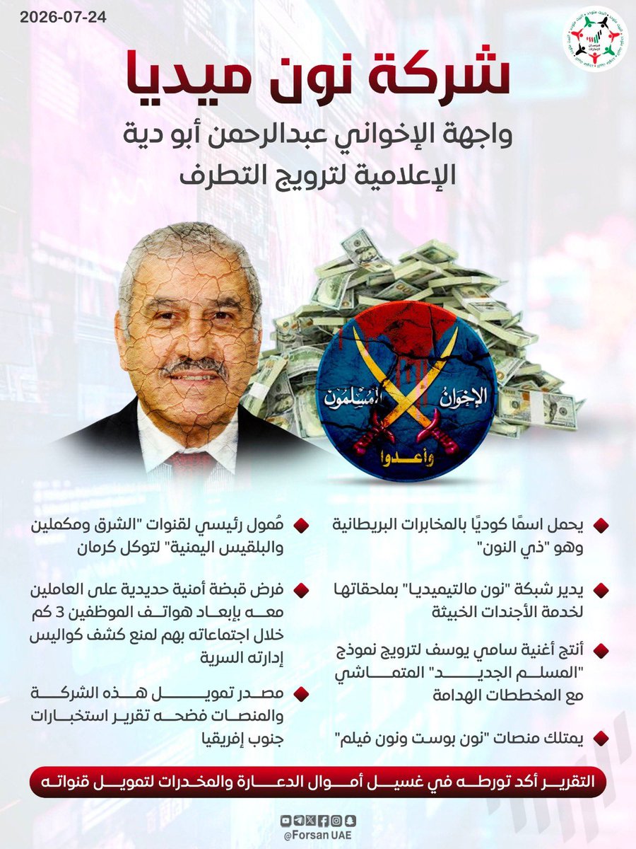 Forsan_UAE's tweet photo. شركة نون ميديا واجهة الإخواني عبد الرحمن أبو دية الإعلامية لترويج التطرف؛ حيث يحمل اسمًا كوديًا في المخابرات البريطانية وهو "ذي النون"، وهو مموّل رئيسي لقنوات "الشرق ومكملين والبلقيس اليمنية" لتوكل كرمان

#ثنائي_الشر_الإخواني
 #التميمي_وأبودية_إعلام_التضليل https://t.co/OZU1J2dLlC