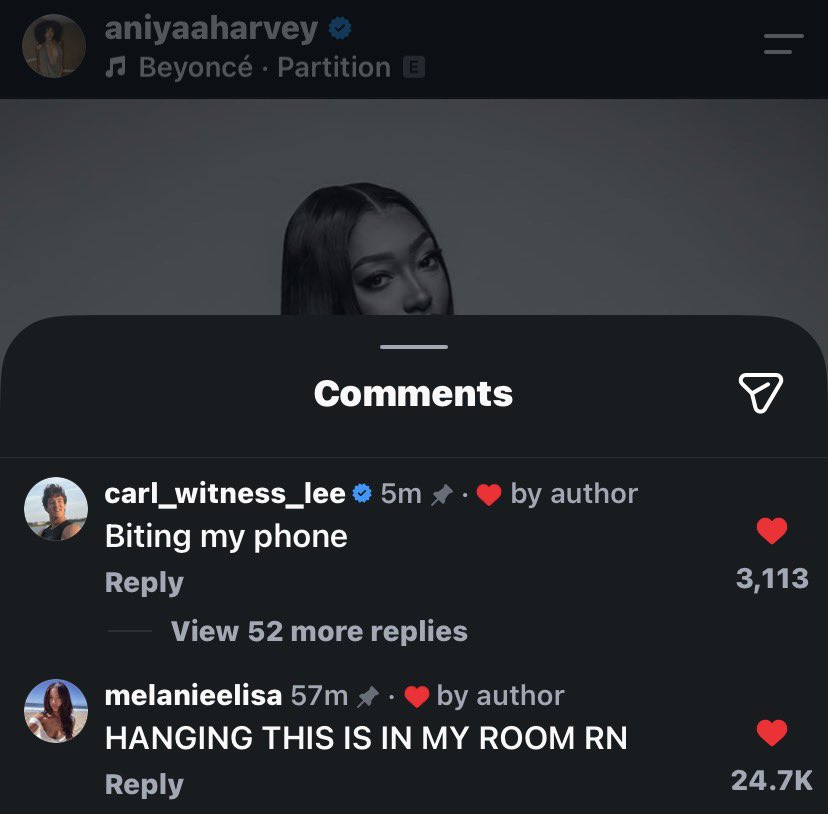 ERAOFMONE's tweet photo. aniya having both carl’s and melanie’s comments pinned 😭😭 https://t.co/n95BPQWiHe