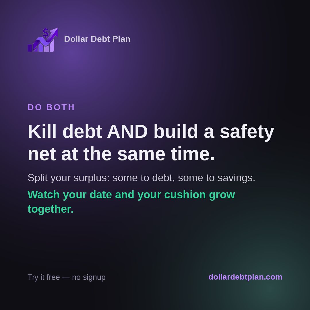 DollarDebtPlan's tweet photo. "Pay off debt" and "save an emergency fund" aren't a fight. Split your surplus — some to debt, some to savings — and watch both your debt-free date and your cushion grow.

The demo plans both, free: https://t.co/j7jKWEgmTo https://t.co/ovKjnIbfes