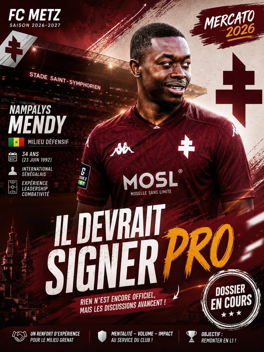lefeusacremedia's tweet photo. 🛑 𝐋𝐄 𝐅𝐄𝐔 𝐒𝐀𝐂𝐑𝐄́ 𝐌𝐄́𝐃𝐈𝐀 🇱🇻

🚨𝙽𝙰𝙼𝙿𝙰𝙻𝚈𝚂 𝙼𝙴𝙽𝙳𝚈 𝚅𝙰 𝚂'𝙴𝙽𝙶𝙰𝙶𝙴𝚁 𝙰𝚅𝙴𝙲 𝙻𝙴 𝙵𝙲 𝙼𝙴𝚃𝚉 

ℹ️ ; @flodas_yt @footmercato 
📷: #LeMedia 

Selon une information de Flodas, le milieu de terrain sénégalais Nampalys Mendy (34 ans) devrait prochainement s'engager avec le FC Metz.

Toujours selon la même source, l'international sénégalais était présent ce jour à l'entraînement, une présence qui renforce la tendance d'une arrivée imminente chez les Grenats.

✍️ En attendant une officialisation du club, le dossier semble désormais en très bonne voie.

#FCMetz #MercatoFCMetz #Mercato #NampalysMendy #Grenats #Ligue2 #Transfert #Football #LeFeuSacré