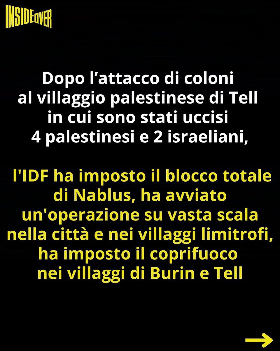 insideoverita's tweet photo. Venerdì  24 luglio l'esercito israeliano ha annunciato il rafforzamento delle truppe in Cisgiordania in vista di un'operazione su vasta scala.

La decisione arriva dopo l’attacco di coloni al villaggio di Tell, vicino a Nablus, in cui sono rimasti uccisi quattro palestinesi e due israeliani.

L'esercito israeliano ha fatto irruzione nell’ospedale di Nablus, dove erano stati evacuati due palestinesi feriti negli scontri. I soldati hanno arrestato i due palestinesi e li hanno consegnati alle forze di sicurezza.

Il giornale israeliano Haaretz rivela che l’IDF ha deciso di ritirare le truppe da altri fronti – Libano e Gaza – e di ridispiegarle in Cisgiordania.

In seguito alla sparatoria nel villaggio di Tel, l'esercito ha imposto il blocco totale di Nablus e ha avviato un'operazione su vasta scala nella città e nei villaggi limitrofi, secondo quanto riportato da fonti palestinesi.

È stato inoltre imposto il coprifuoco nei villaggi di Burin e Tel, e l'esercito ha ordinato il divieto per i soldati di lasciare le proprie basi in tutta l'area.

Il Primo Ministro Netanyahu e il Ministro della Difesa Katz hanno incaricato l’IDF di accelerare la legalizzazione delle fattorie e degli avamposti in Cisgiordania e di crearne di nuovi.

Netanyahu ha ordinato all'esercito di condurre un'"operazione intensiva" nei villaggi palestinesi identificati come “centri di attività militante”.

Le misure includono il sequestro di armi, la revoca dei permessi di lavoro per i palestinesi, il rafforzamento delle forze di difesa israeliane in tutta la Cisgiordania e l'aumento della separazione tra le vie di comunicazione israeliane e palestinesi attraverso posti di blocco e restrizioni stradali.

https://t.co/hKxwyJEly4

#westbankunderattack #israel